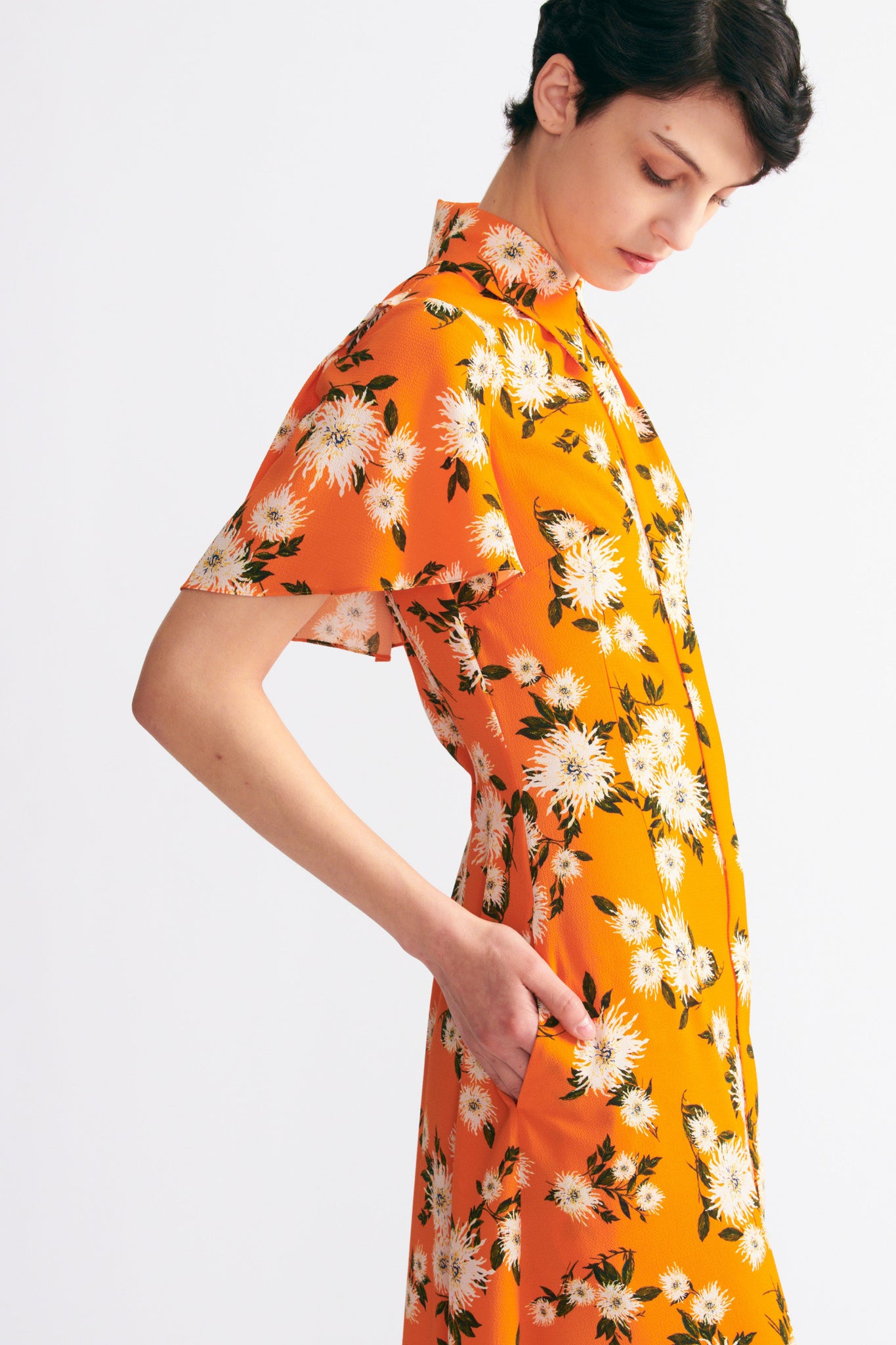 Florencia Dress In Orange Dahlia Floral Print Crepe | Emilia Wickstead