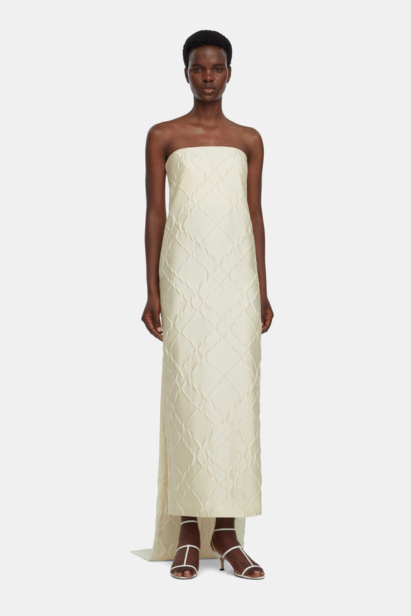 Hattie Strapless Dress with Train In Ivory Geometric Jacquard