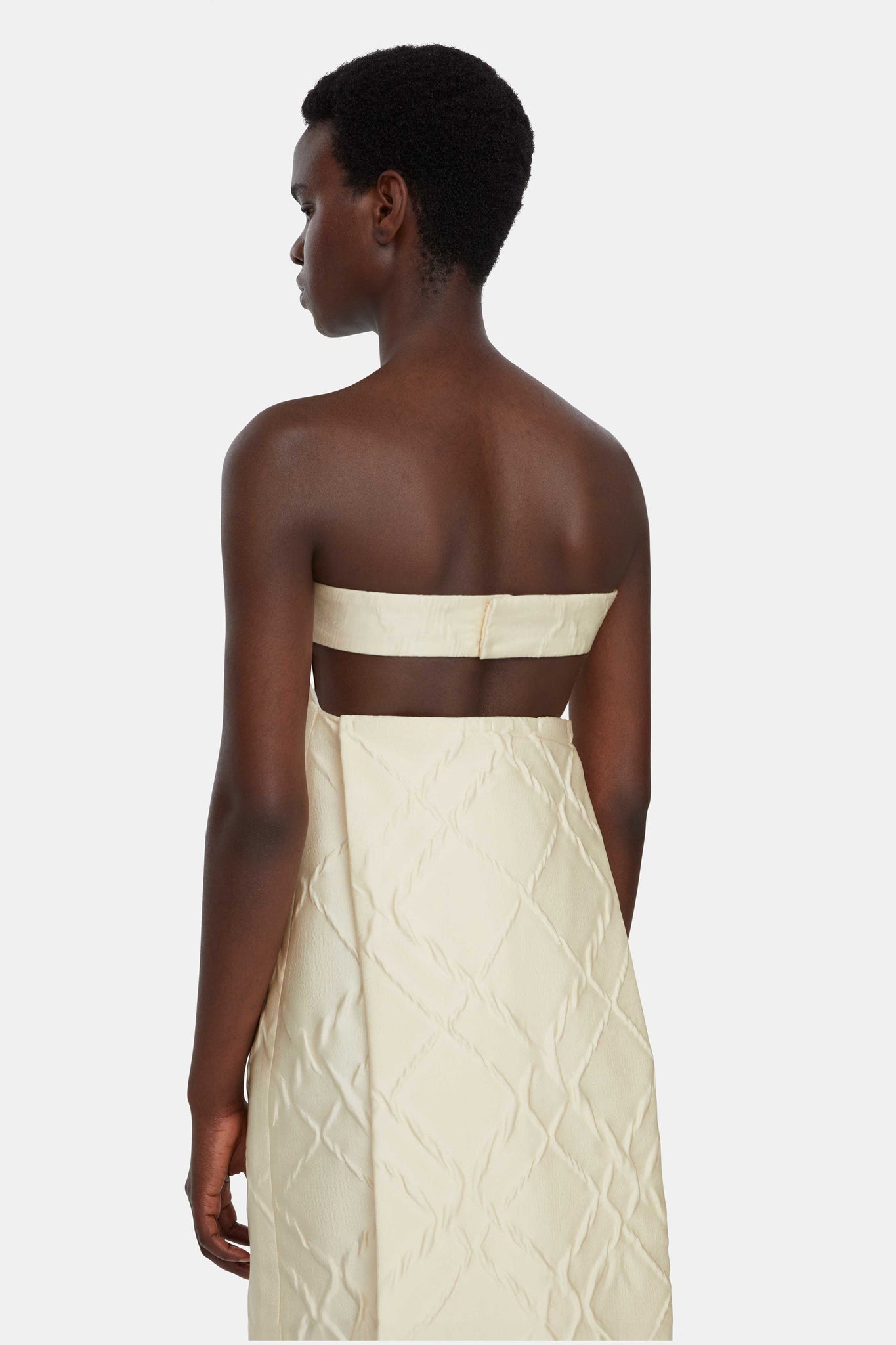 Hattie Strapless Dress with Train In Ivory Geometric Jacquard