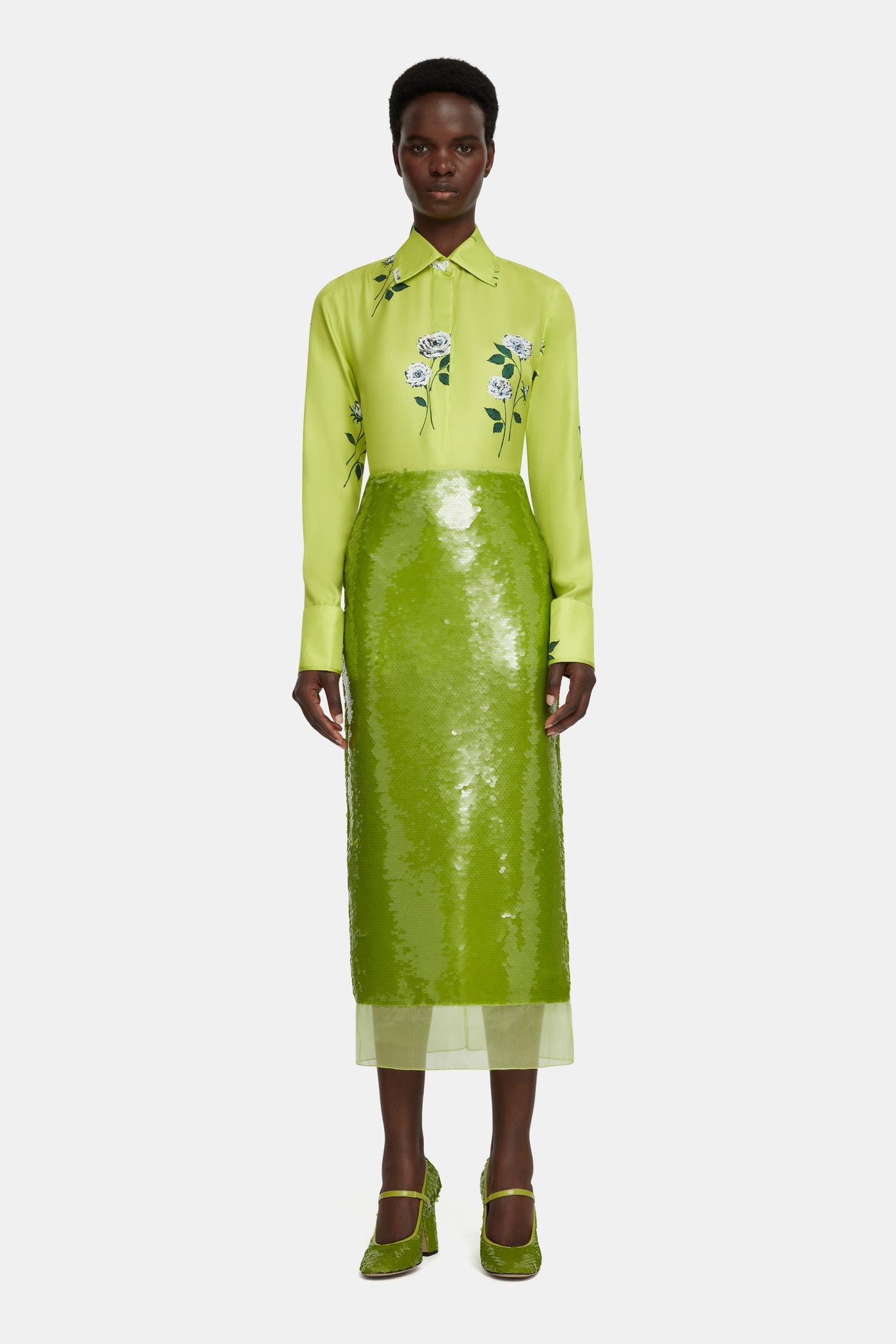 Indu Shirt Floral Print Shirt in Lime Silk Twill |  Emilia Wickstead