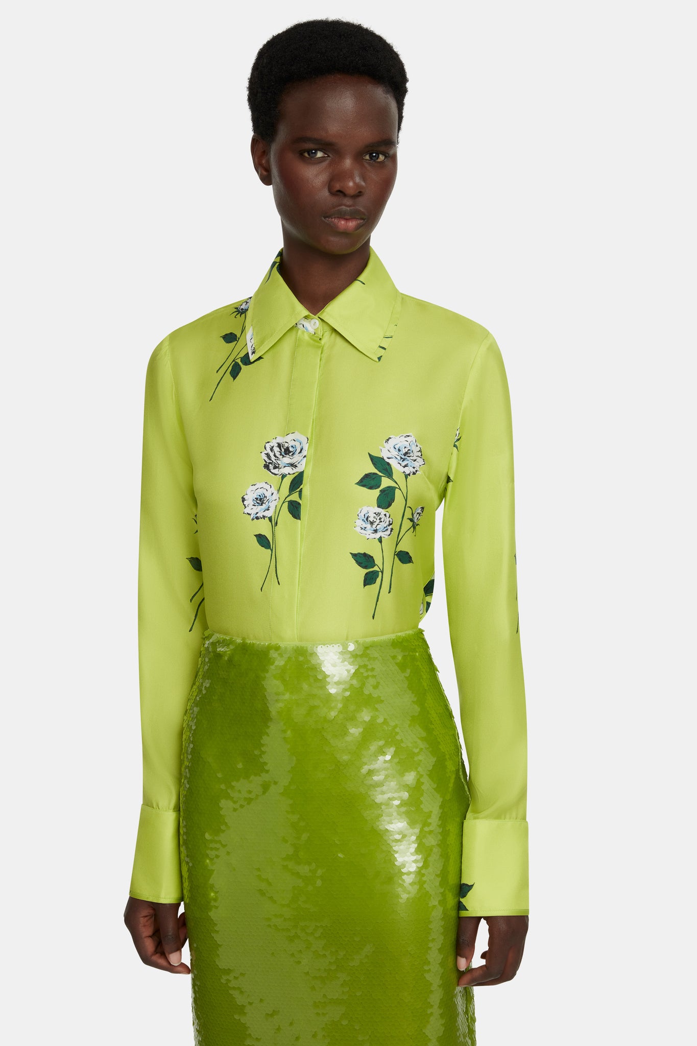 Indu Shirt Floral Print Shirt in Lime Silk Twill |  Emilia Wickstead