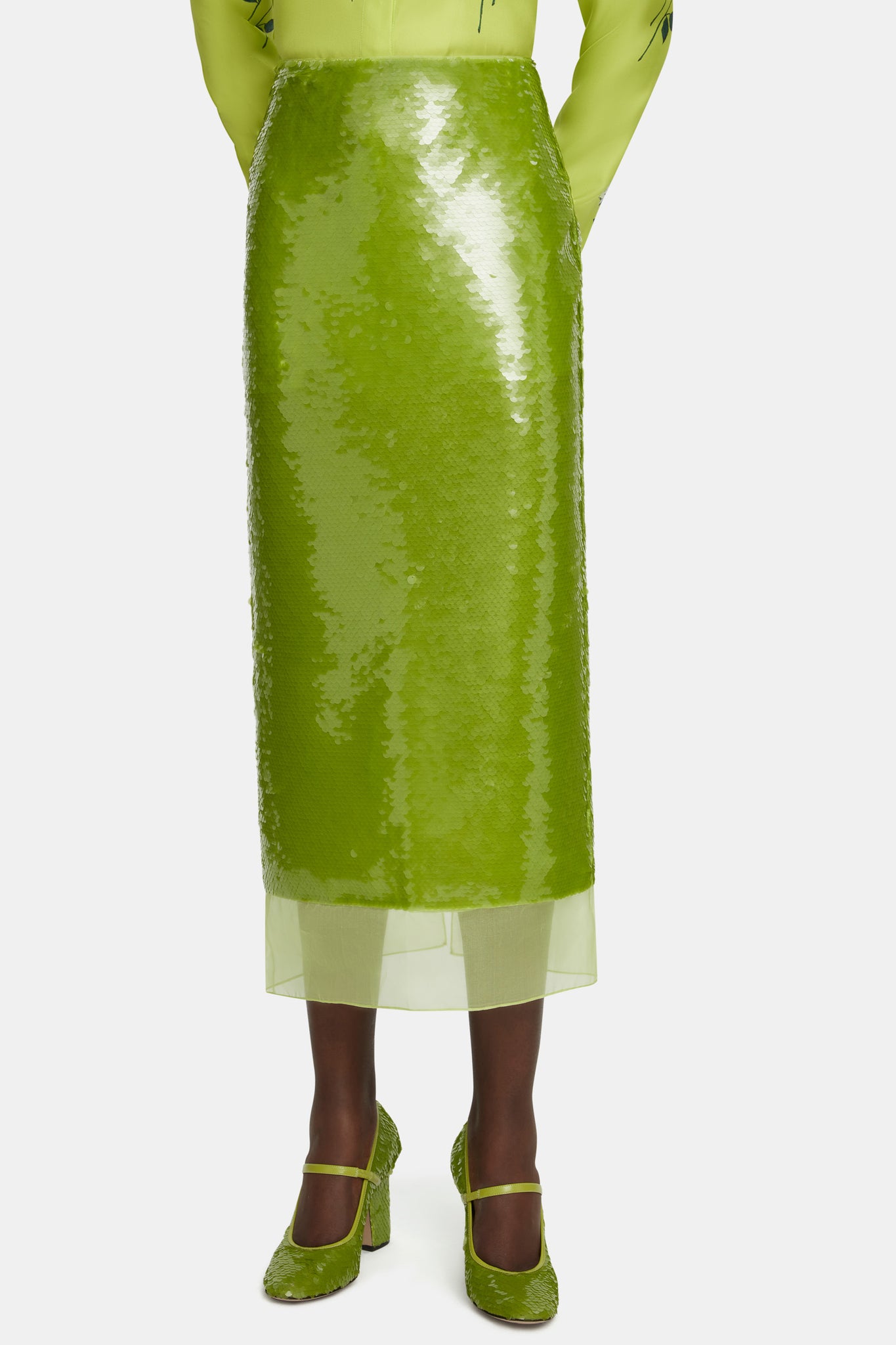 Kazu Lime Green Sequin Skirt with organza underlayer - Emilia Wickstead