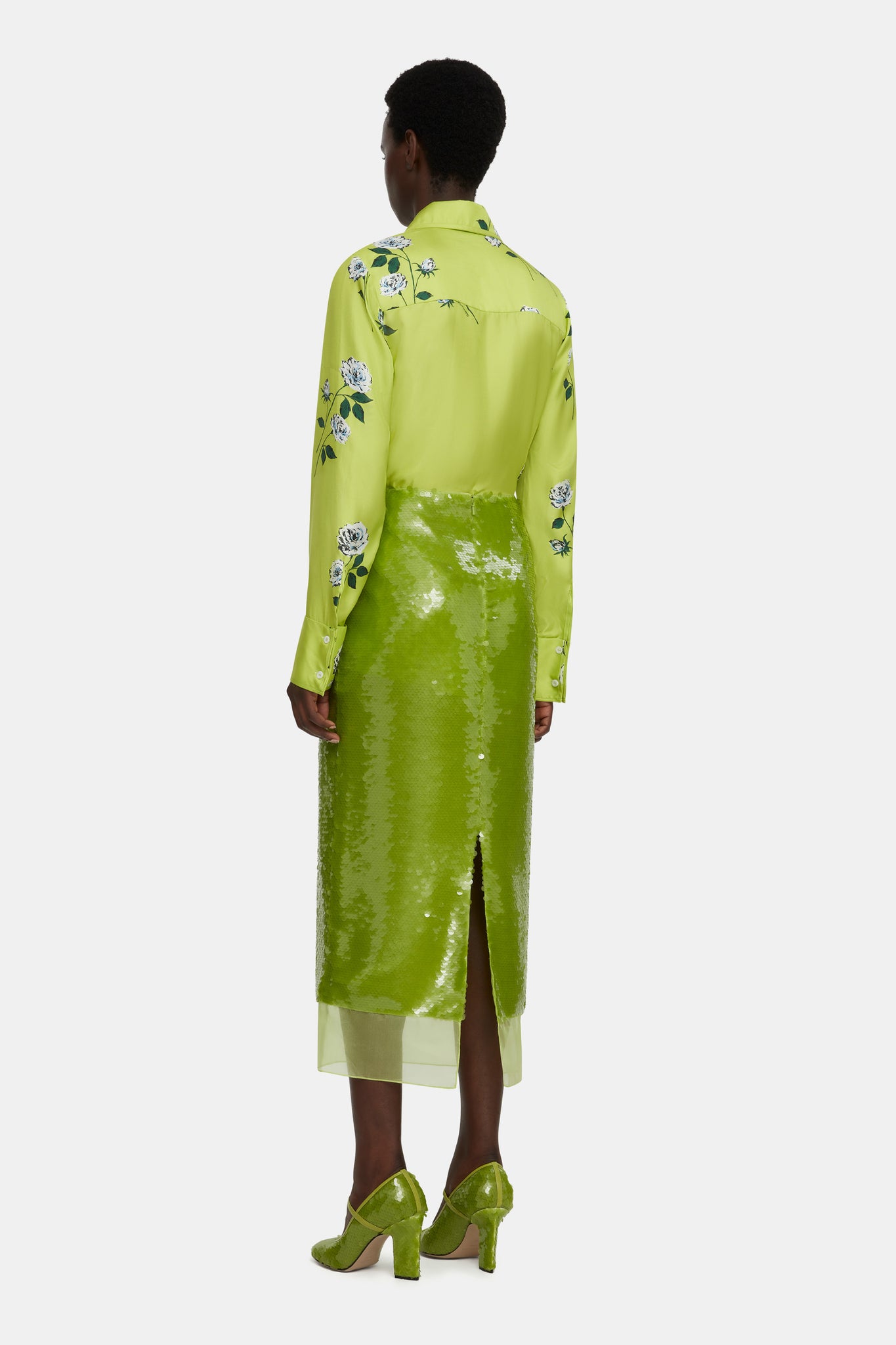 Indu Shirt Floral Print Shirt in Lime Silk Twill |  Emilia Wickstead