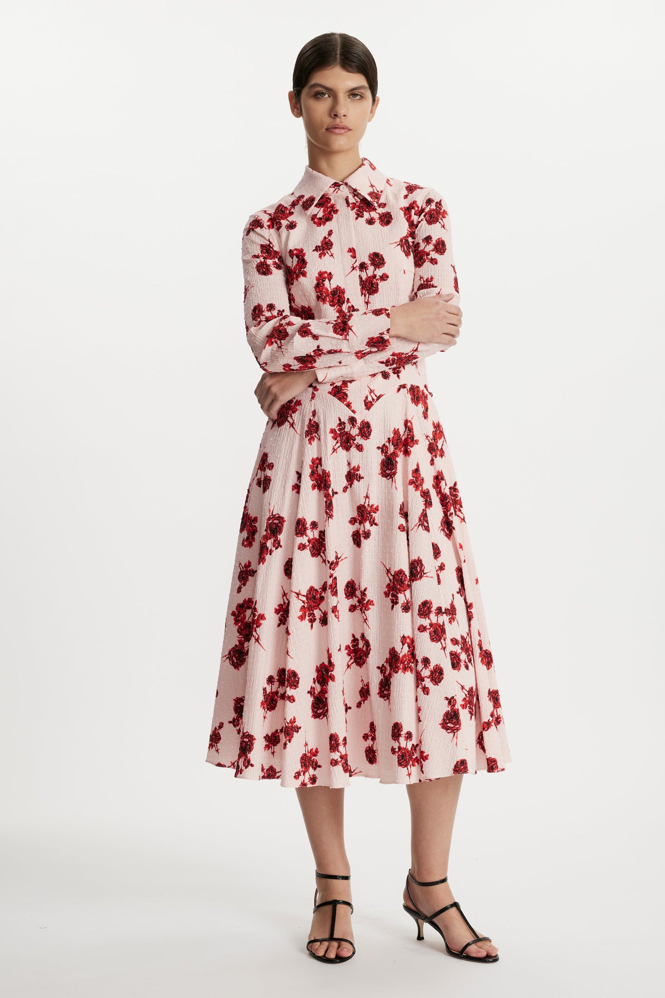 Emilia Wickstead Jancine Dress In Red Rose Stem Floral Print Bibione Cotton