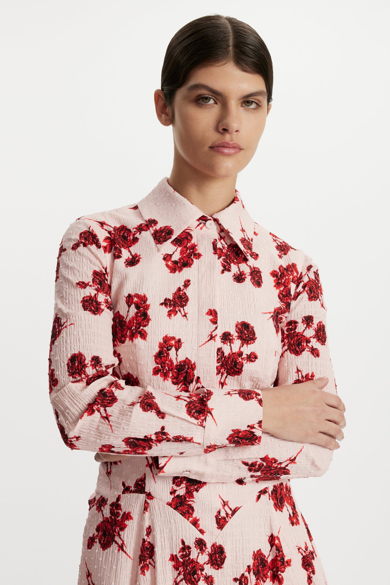 Emilia Wickstead Jancine Dress In Red Rose Stem Floral Print Bibione Cotton