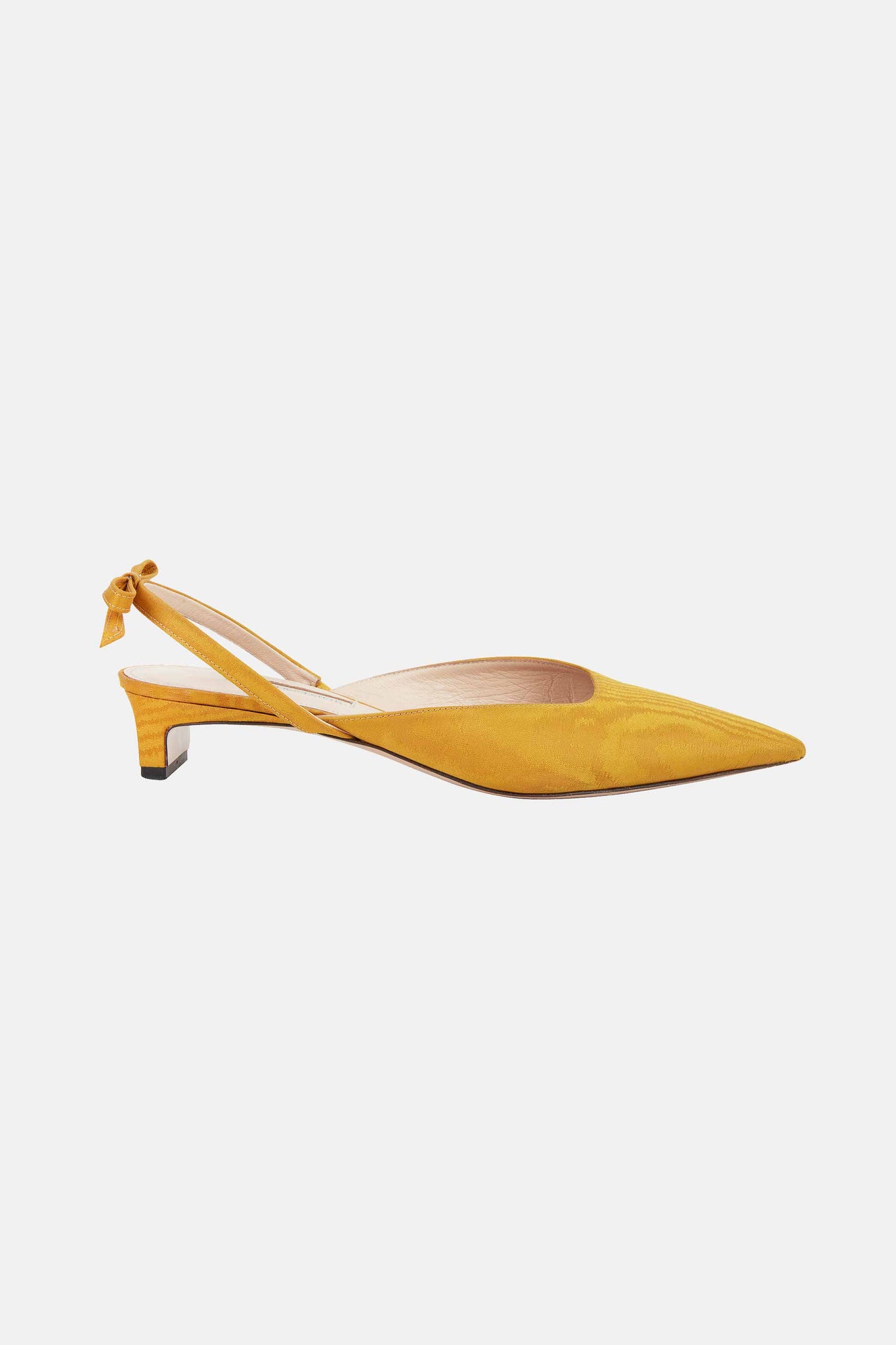 Konna Bow-Back Kitten Heels in Ochre Moire Mikado