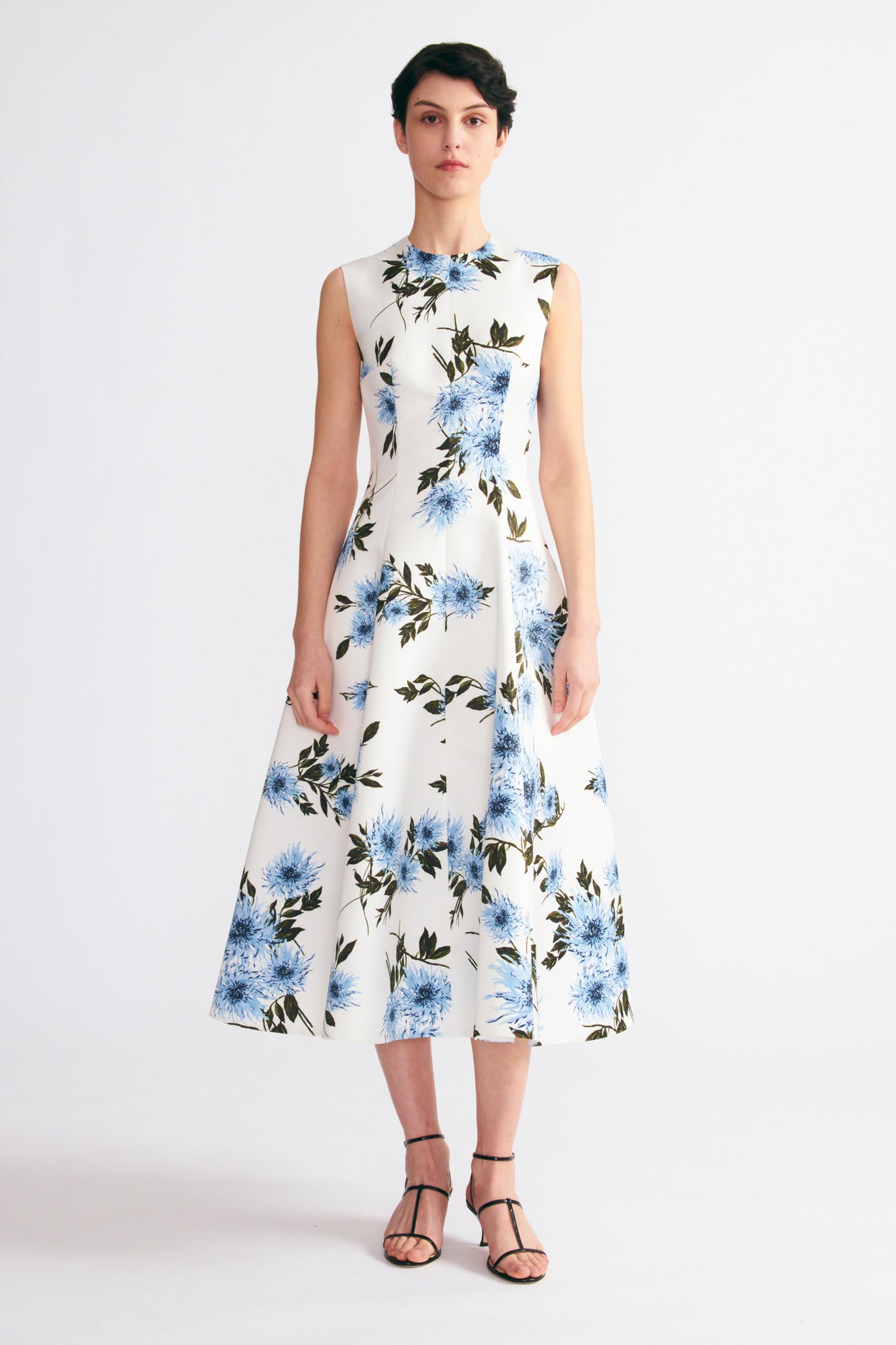 Emilia Wickstead Mara Dress Blue Dahlia Floral Print Taffeta Faille