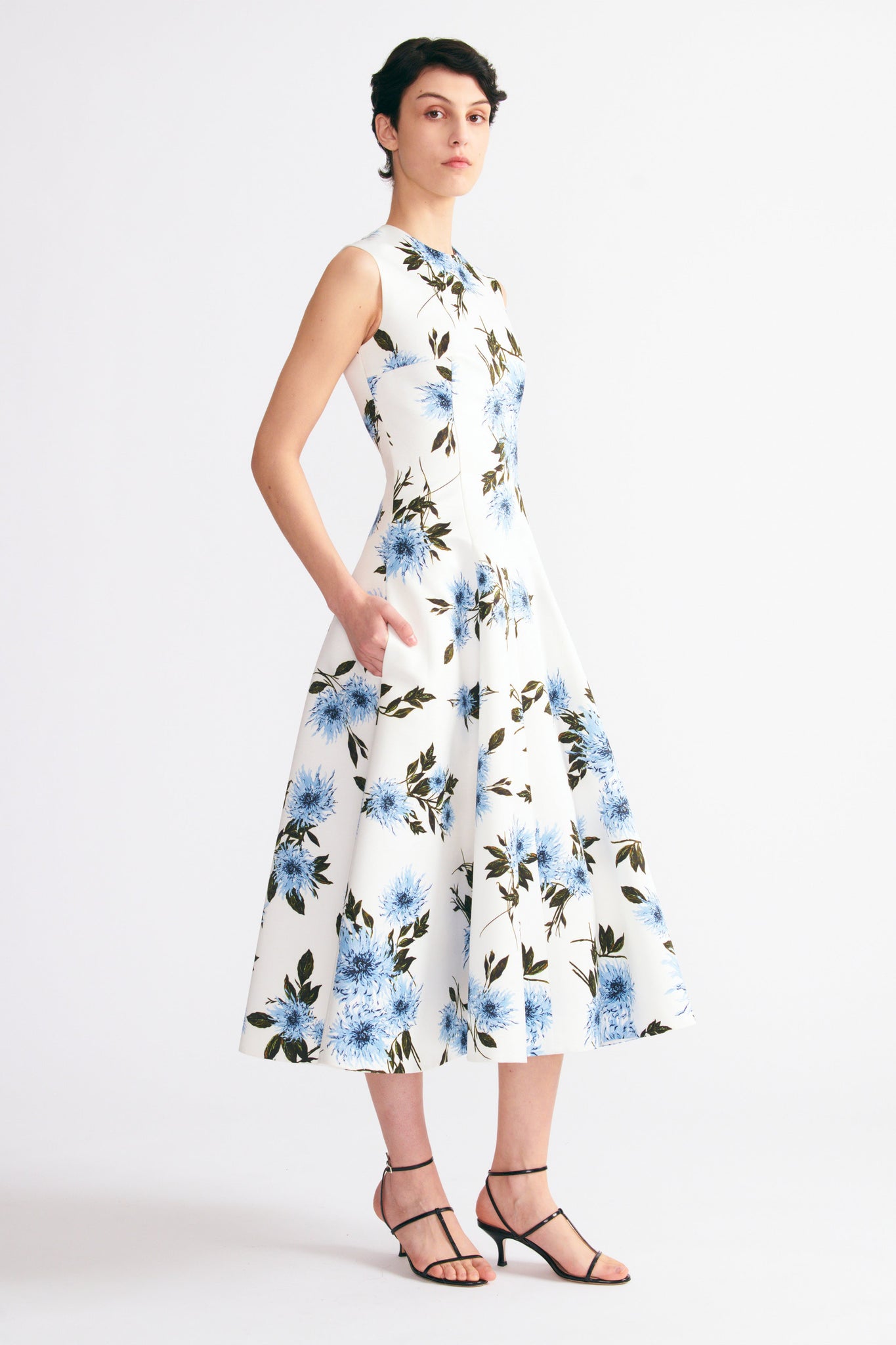 Emilia Wickstead Mara Dress Blue Dahlia Floral Print Taffeta Faille