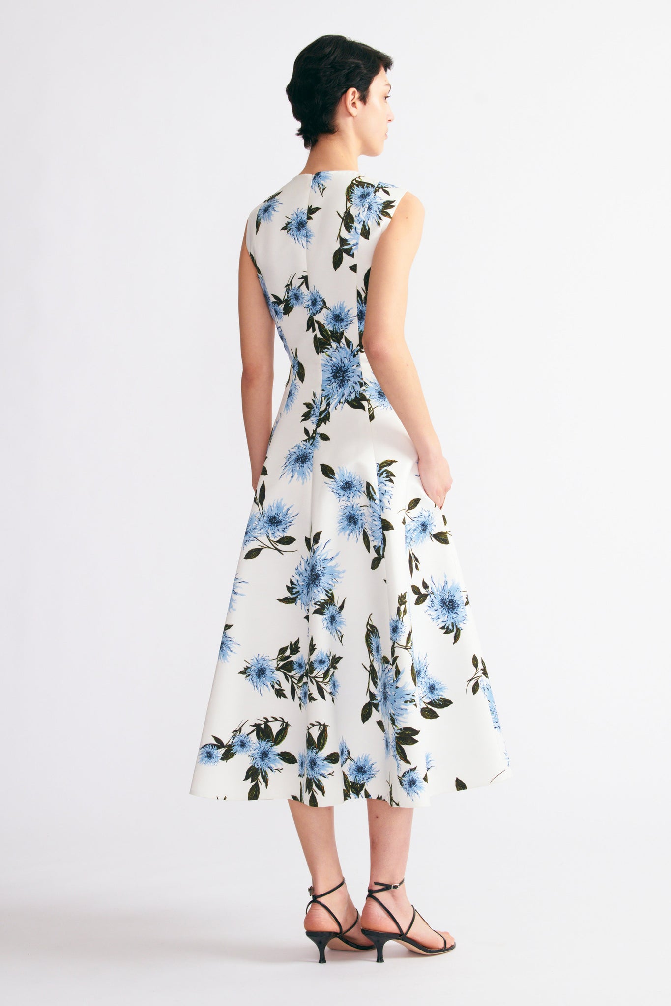 Emilia Wickstead Mara Dress Blue Dahlia Floral Print Taffeta Faille