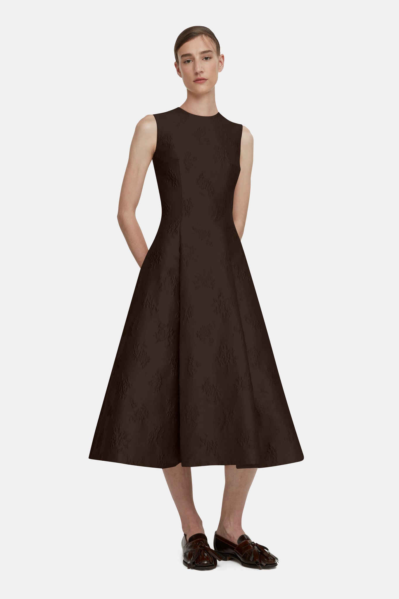 Mara Dark Brown Ditsy Floral Jacquard Dress | Emilia Wickstead Mara Dark Brown Ditsy Floral Jacquard Dress | Emilia Wickstead
