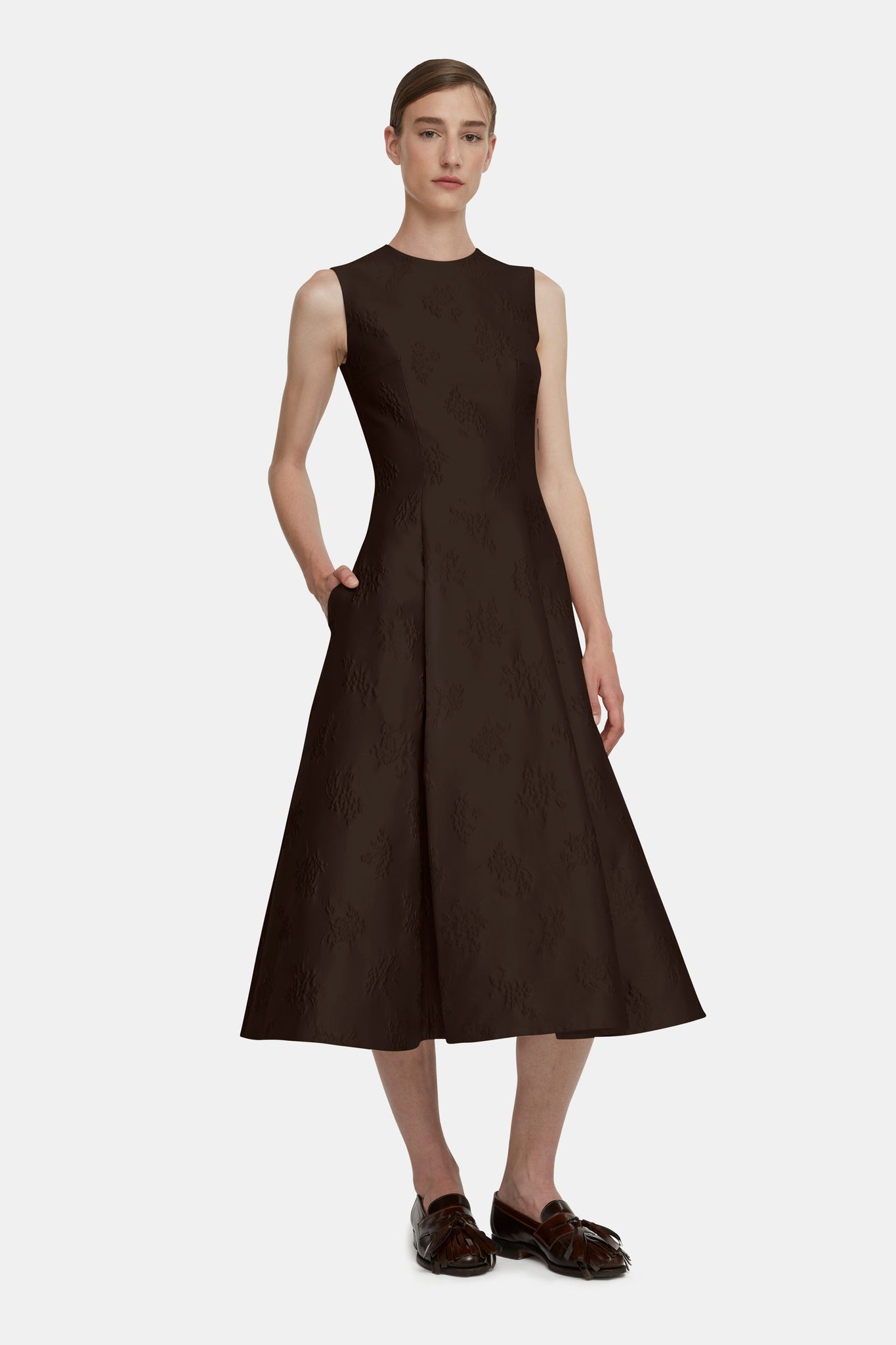 Mara Dark Brown Ditsy Floral Jacquard Dress | Emilia Wickstead Mara Dark Brown Ditsy Floral Jacquard Dress | Emilia Wickstead
