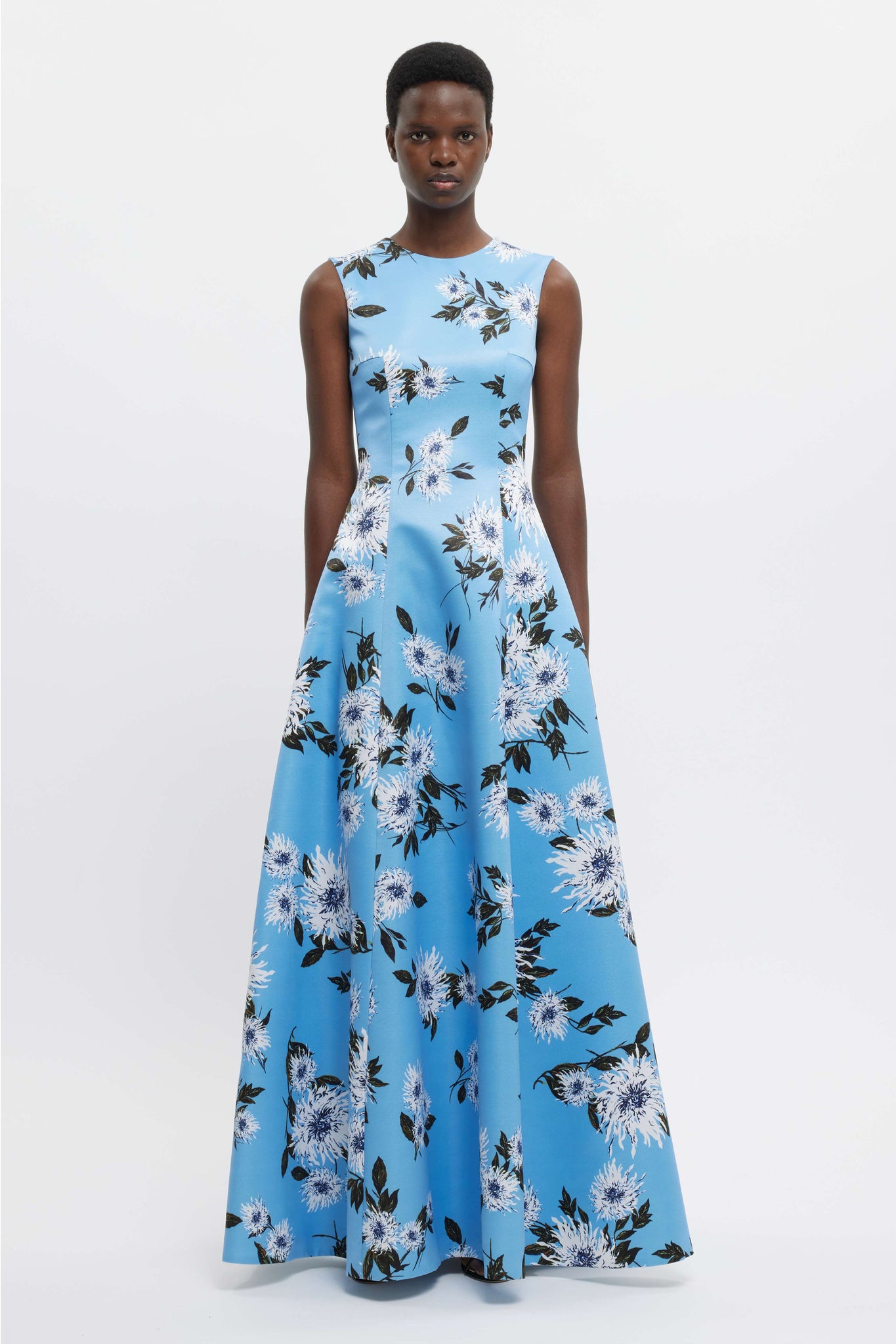 Emilia Wickstead Nodin Gown In Blue Dahlia Floral Print Taffeta Faille