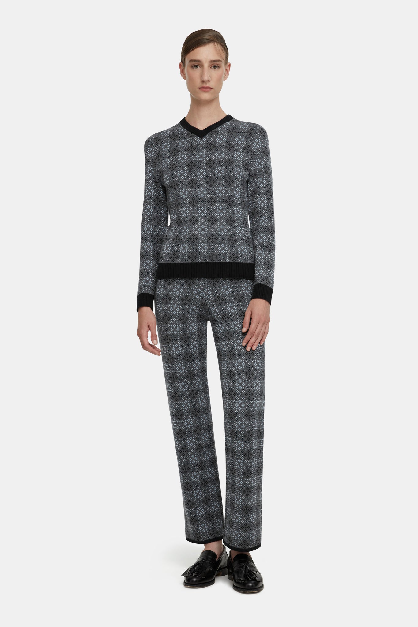 Lowe Knitted Trousers in Grey & Cloud Blue Jacquard | Emilia Wickstead