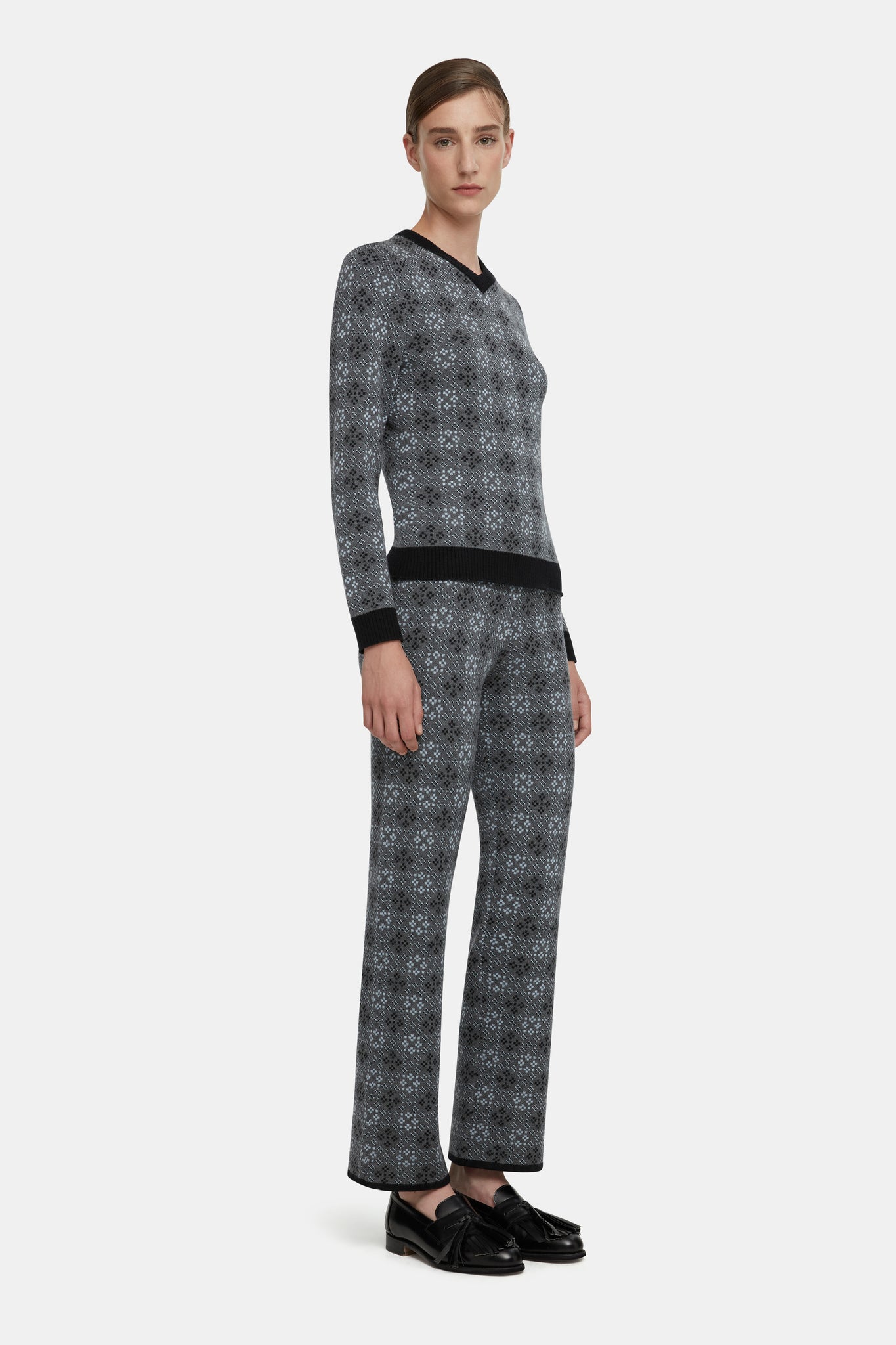 Lowe Knitted Trousers in Grey & Cloud Blue Jacquard | Emilia Wickstead