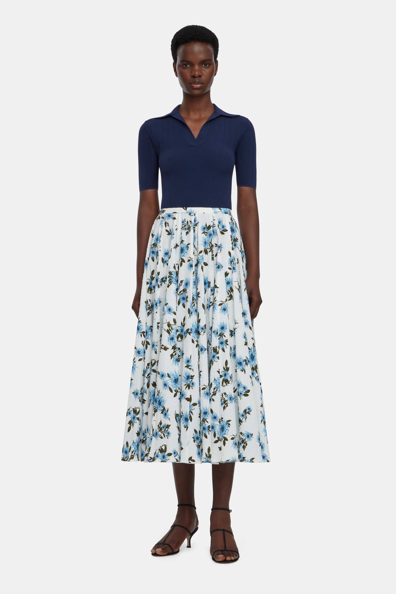 Rhea Skirt In Blue Dahlia Floral Print Cotton | Emilia Wickstead