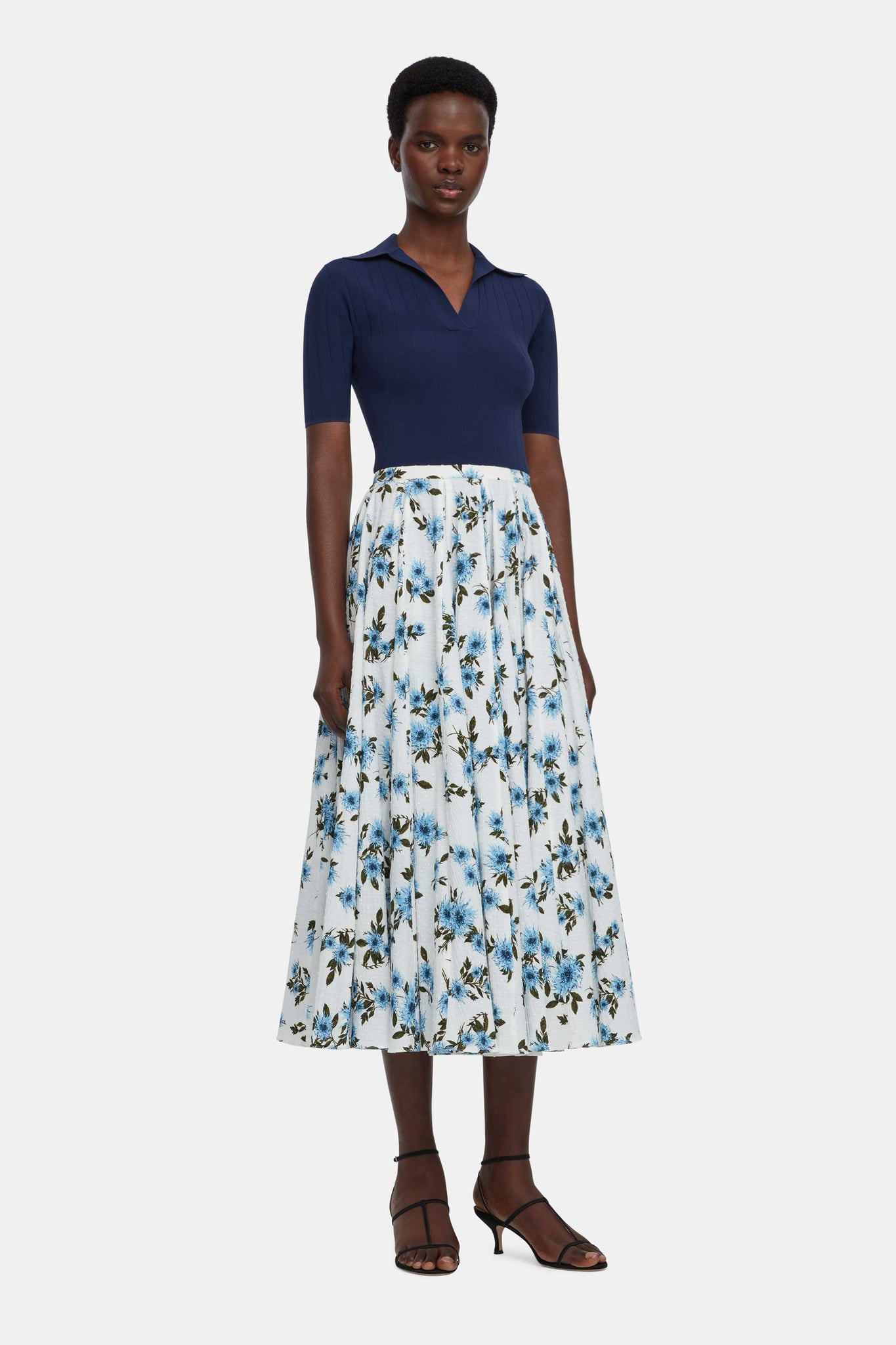 Rhea Skirt In Blue Dahlia Floral Print Cotton | Emilia Wickstead