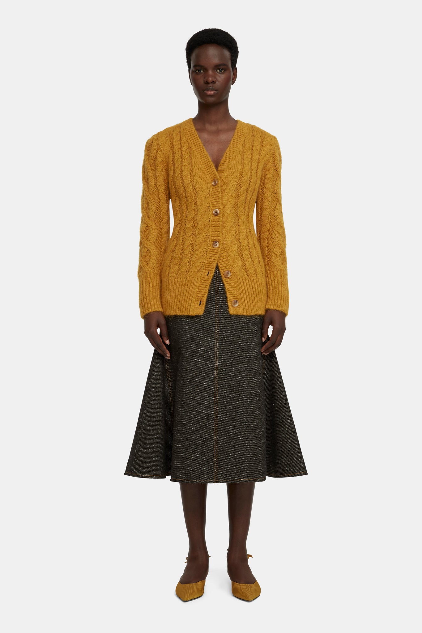 Ross Cable Knit Cardigan in Mustard Mohair |  Emilia Wickstead