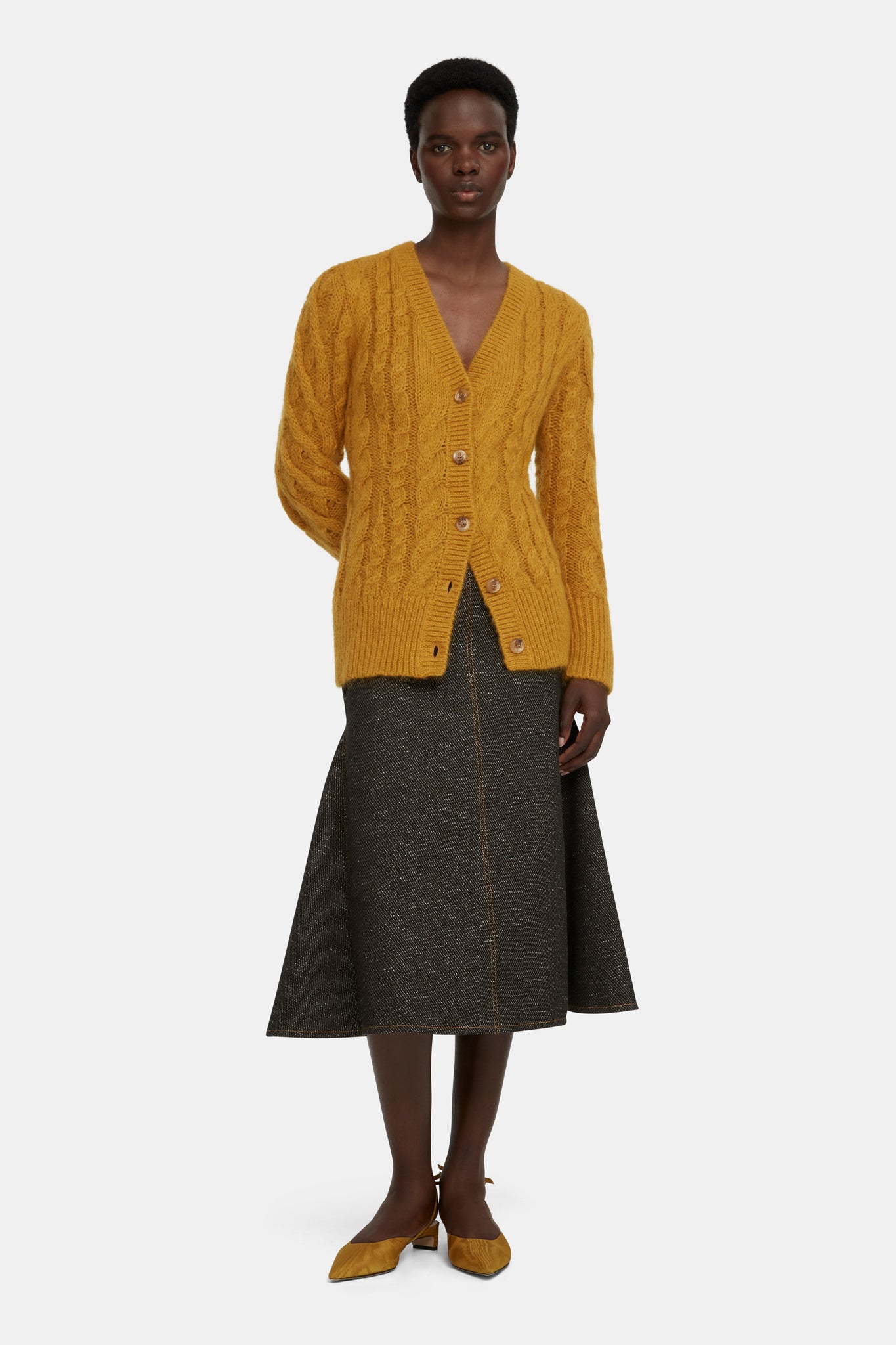 Ross Cable Knit Cardigan in Mustard Mohair |  Emilia Wickstead