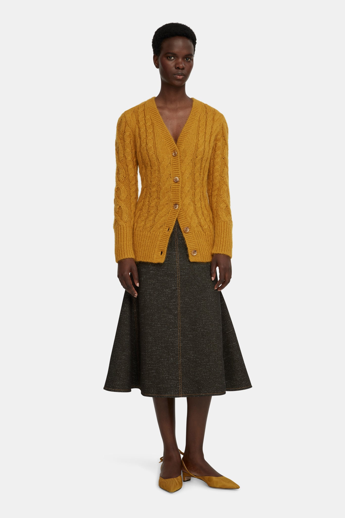 Ross Cable Knit Cardigan in Mustard Mohair |  Emilia Wickstead