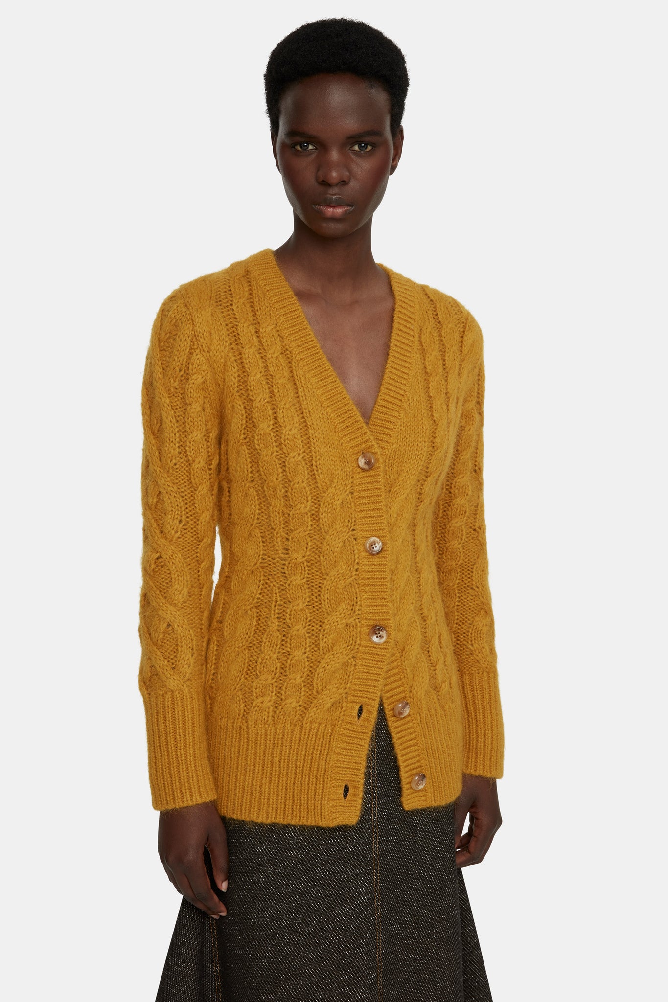 Ross Cable Knit Cardigan in Mustard Mohair |  Emilia Wickstead