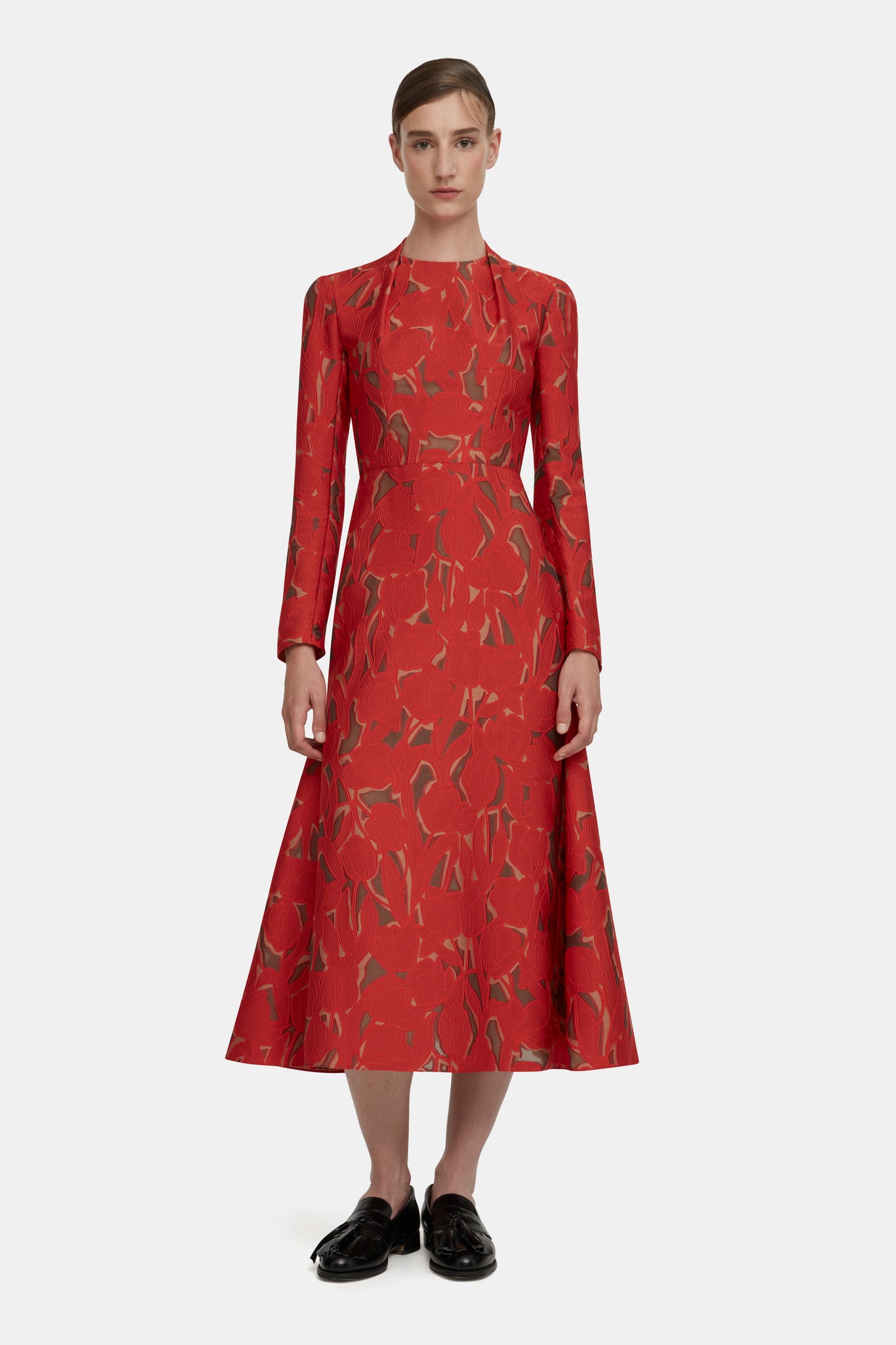 Seneca Dress in Red & Beige Embellished Wool |  Emilia Wickstead