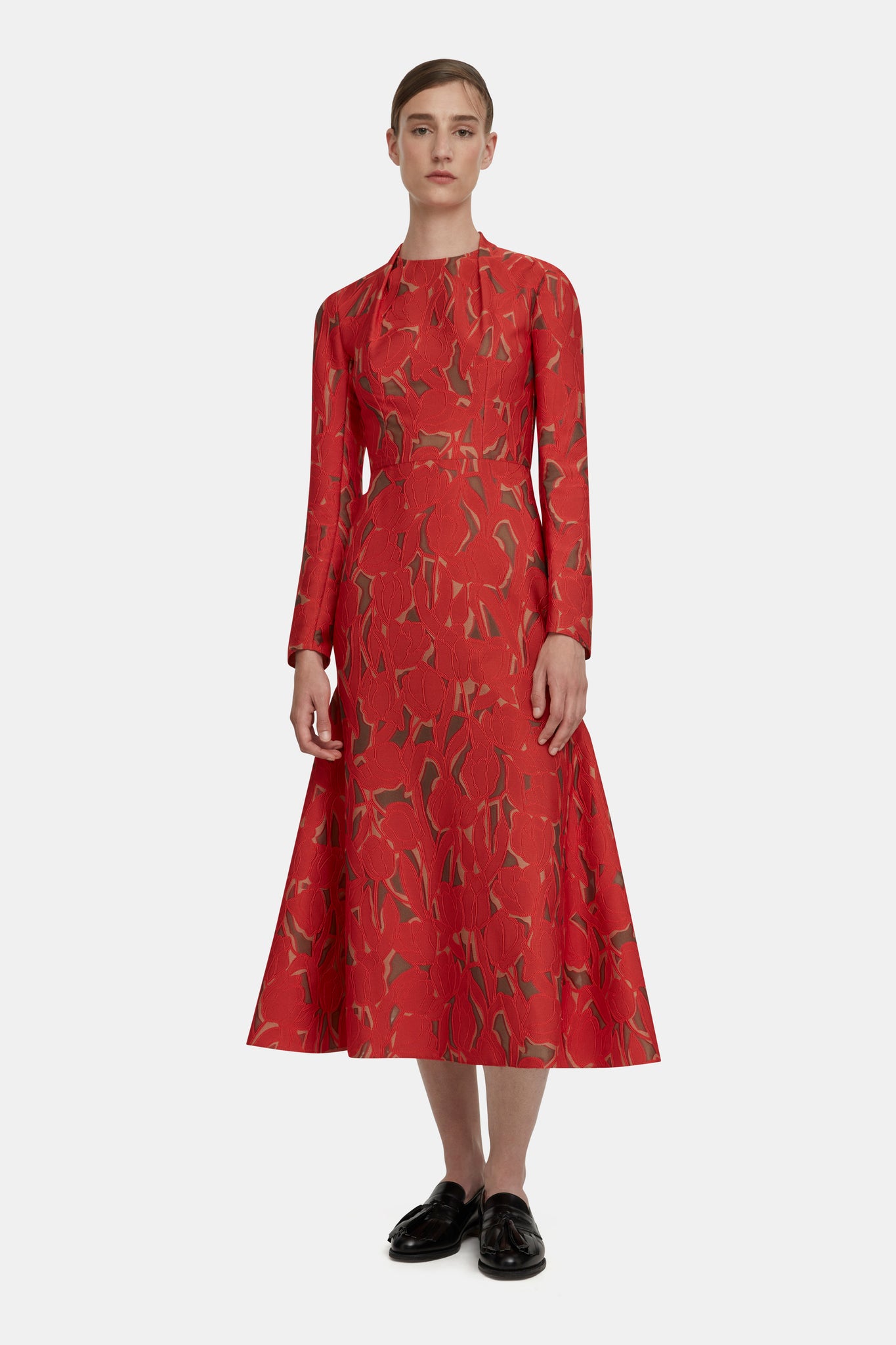 Seneca Dress in Red & Beige Embellished Wool |  Emilia Wickstead