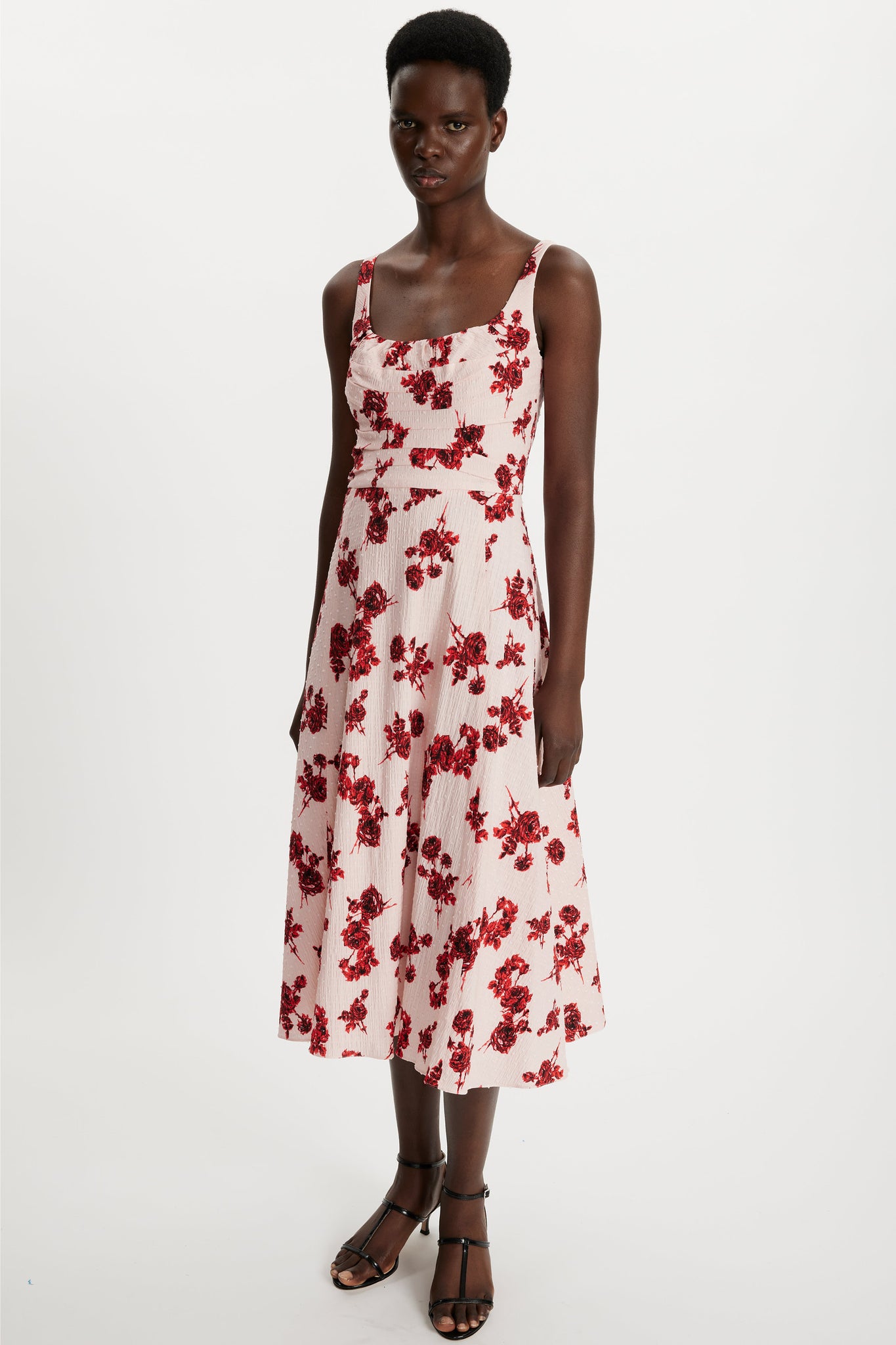 Emilia Wickstead Verena Dress in Red Rose Stems on Pink