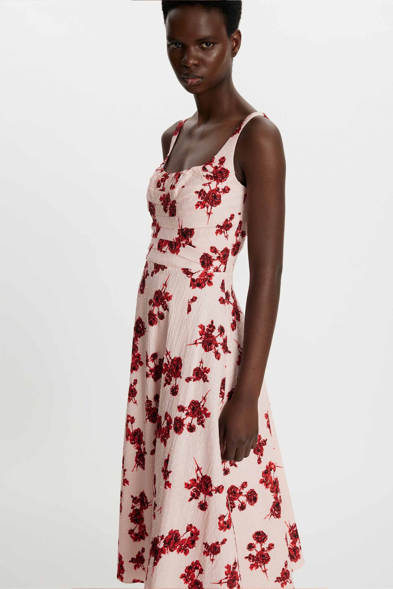 Emilia Wickstead Verena Dress in Red Rose Stems on Pink