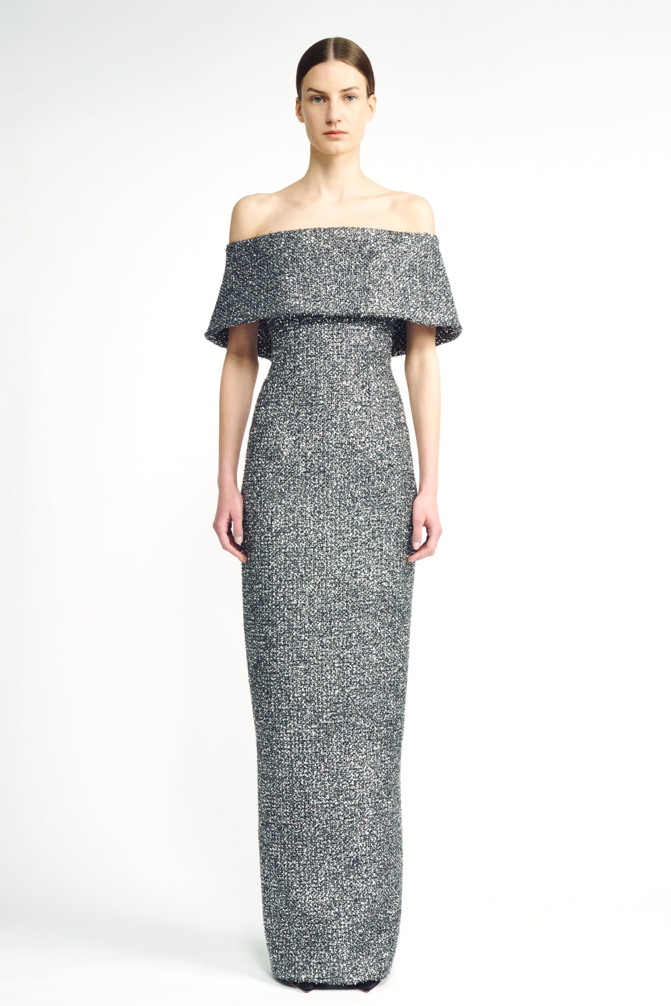Emmanuella Dress | SIlver Tweed Lame Column Dress | Emilia Wickstead