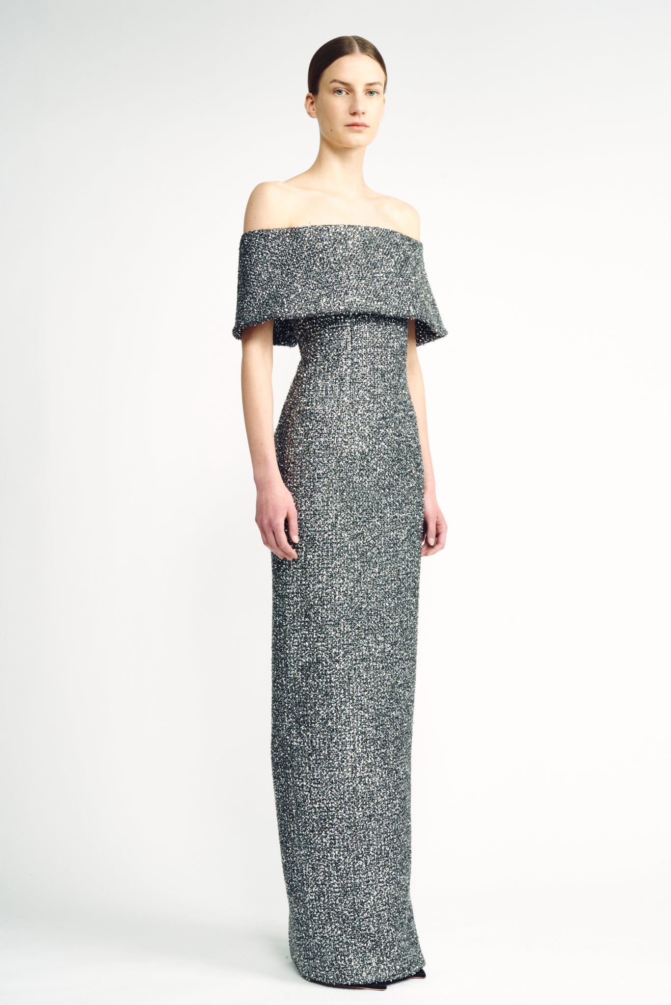 Emmanuella Dress | SIlver Tweed Lame Column Dress | Emilia Wickstead