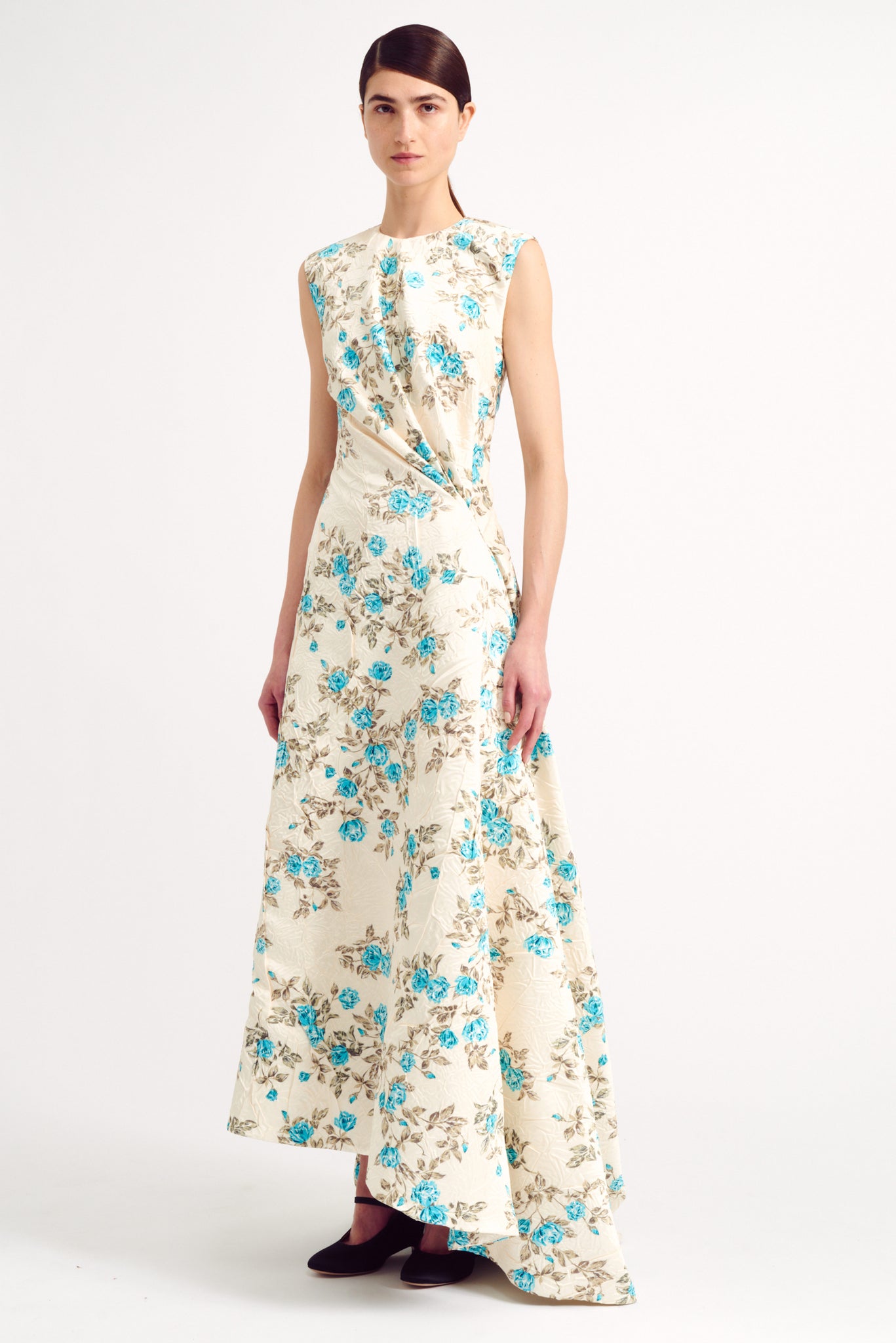 Este Turquoise Floral Printed Crushed Duchess Satin Dress | Emilia Wickstead
