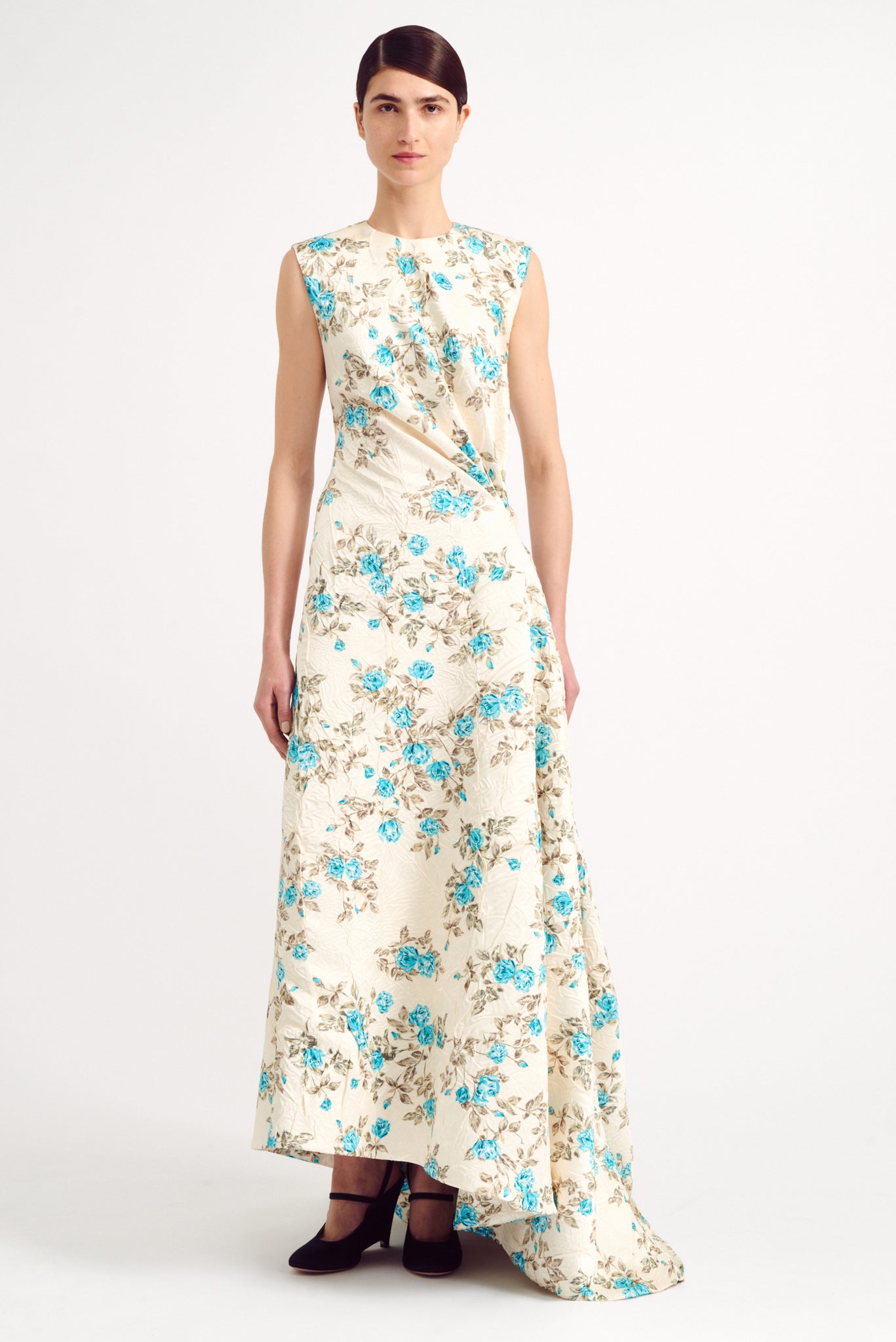 Este Turquoise Floral Printed Crushed Duchess Satin Dress | Emilia Wickstead