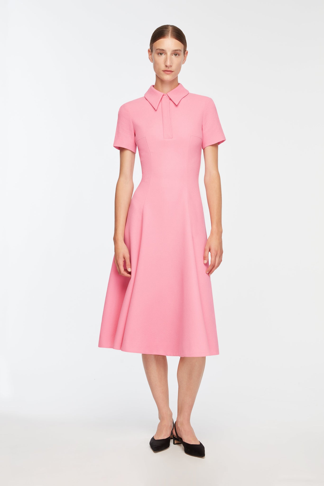 Feliciana Dress In Pink Sorbet Single Wool Crepe Model Front Shot | Emilia Wickstead