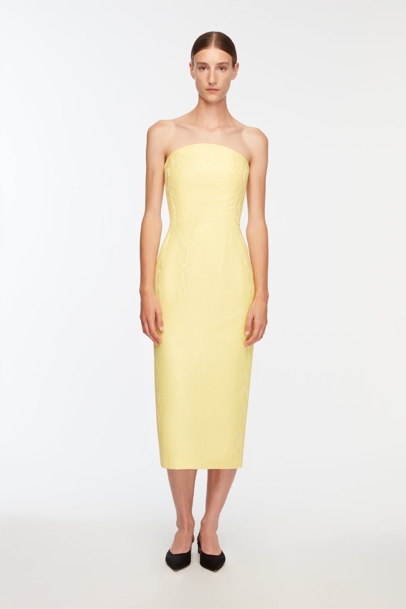 Hailee Dress In Lemon Moire Mikado Model Front Shot | Emilia Wickstead