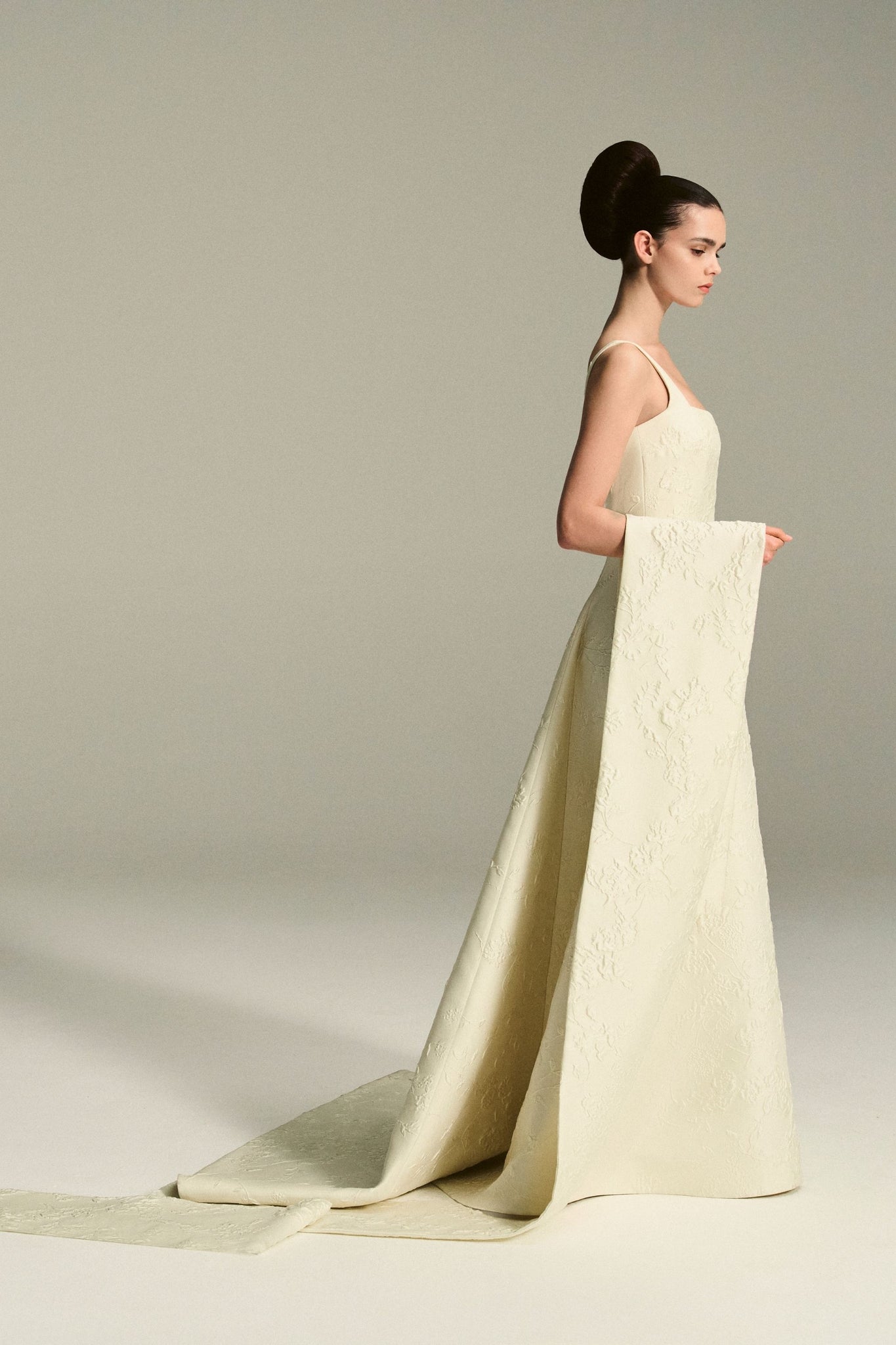 Irena Bridal Dress in Ivory Fine Floral Jacquard with Sophia Scarf Train | Emilia Wickstead