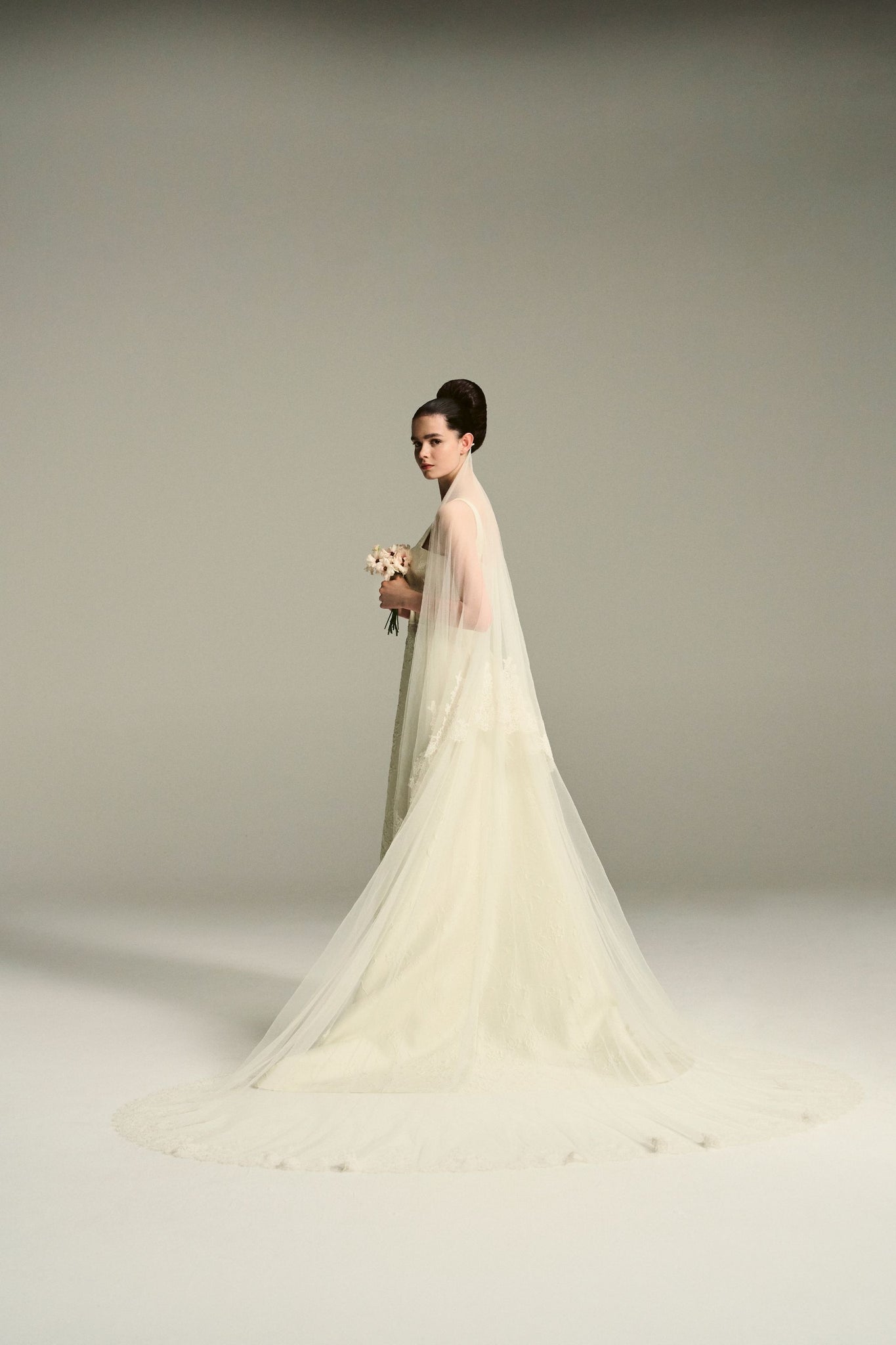 Irena Bridal Dress in Ivory Fine Floral Jacquard with Sophai Scarf Train | Emilia Wickstead Irena Bridal Dress in Ivory Fine Floral Jacquard with Sophai Scarf Train | Emilia Wickstead