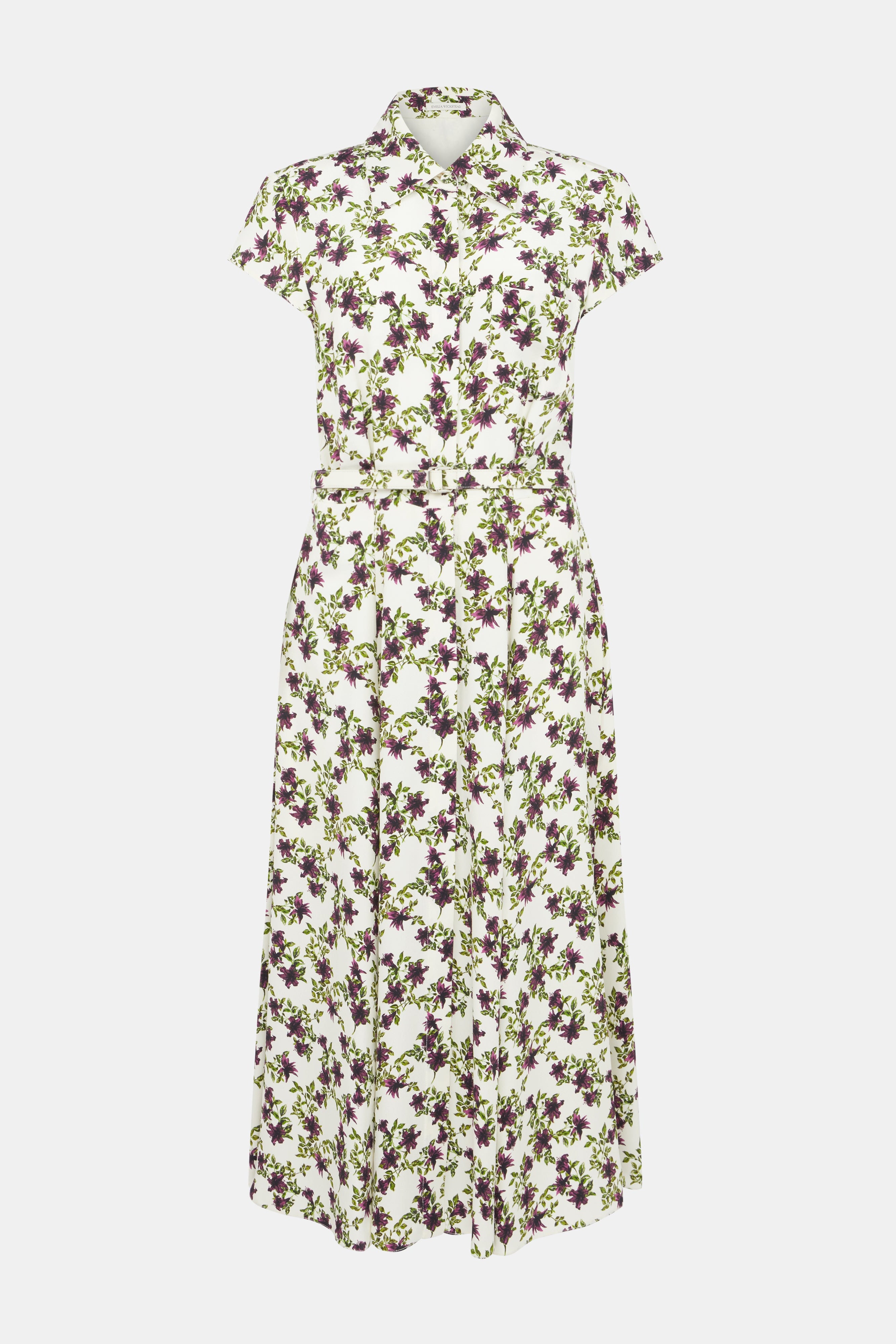 Isabeli Dress In Purple & Olive Lillies On Ivory Silk Crepe De Chine