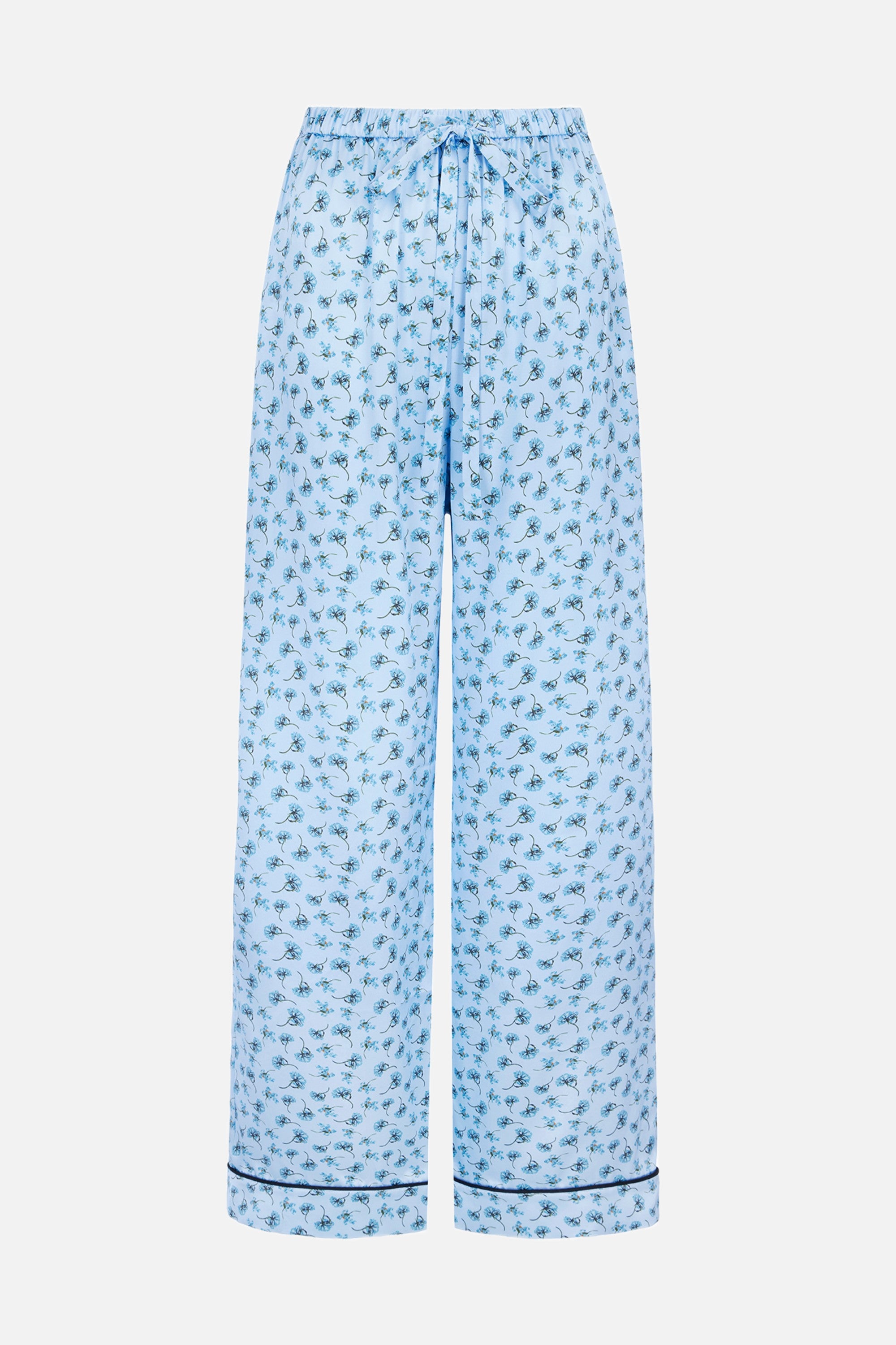 Ithaca Trousers Ditsy Blue Marigold On Blue Silk Satin
