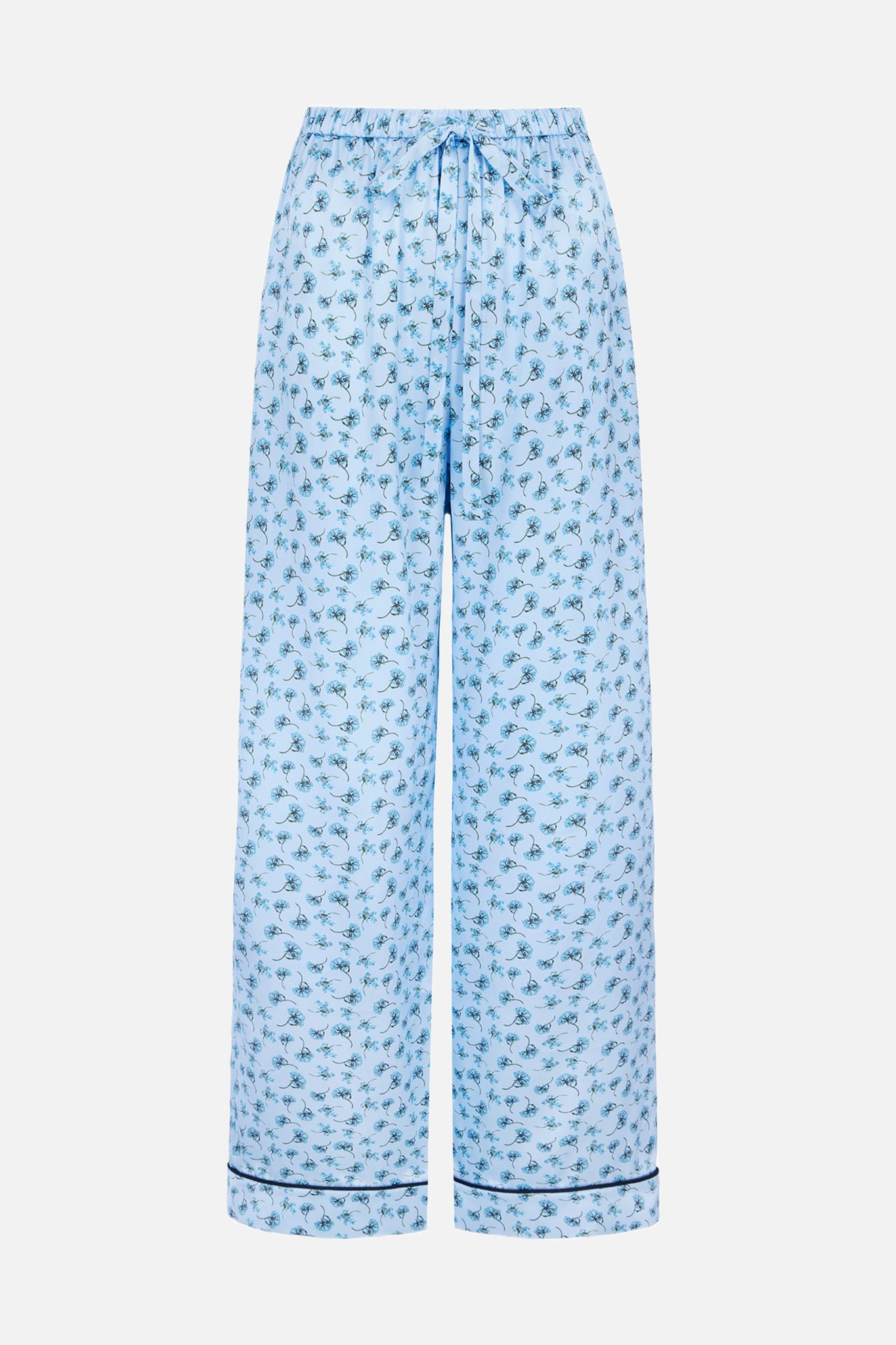 Ithaca Trousers In Ditsy Blue Marigold On Baby Blue Silk Satin | Emilia Wickstead