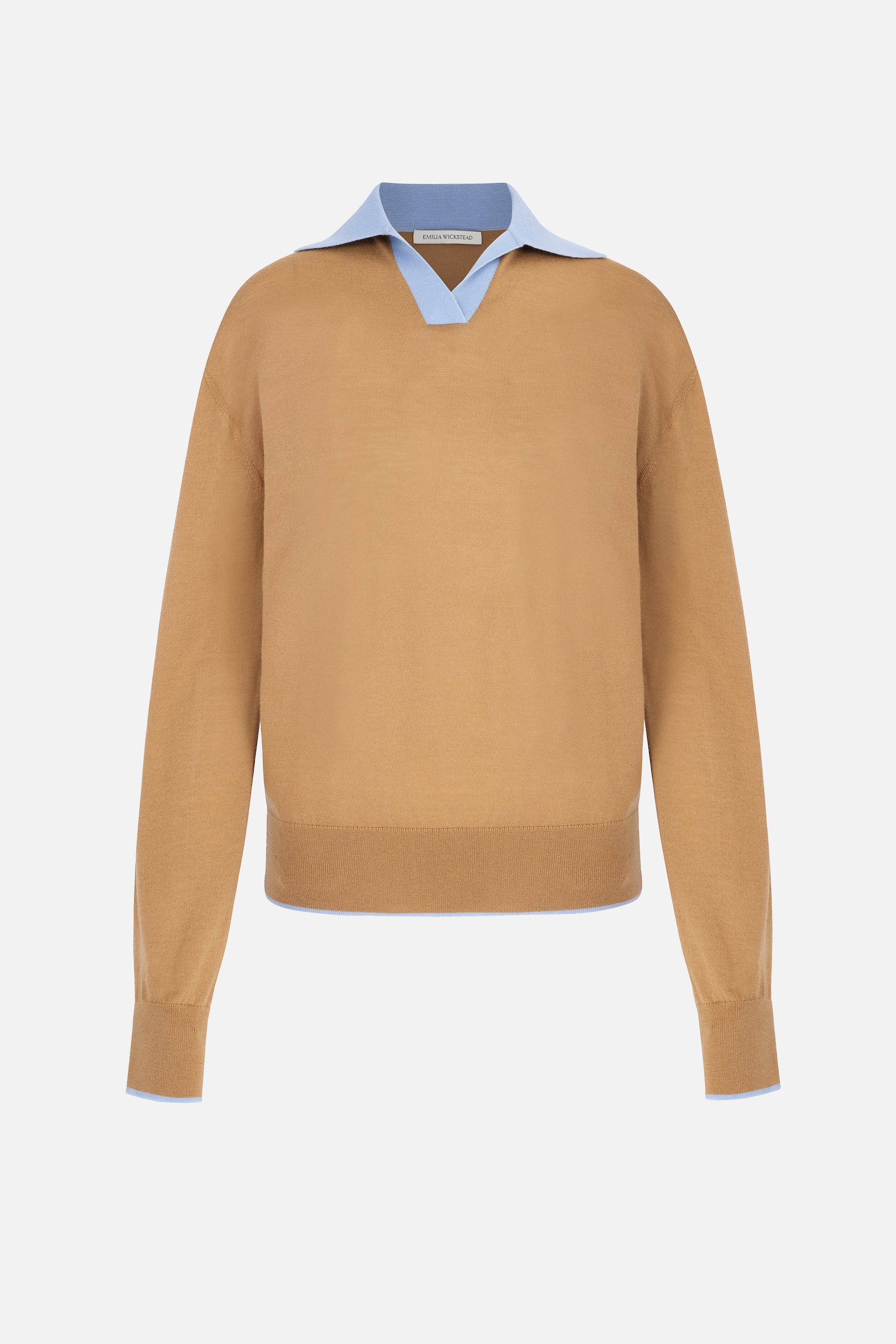 James Knit with Baby Blue Collar in Camel Lightweight Wool