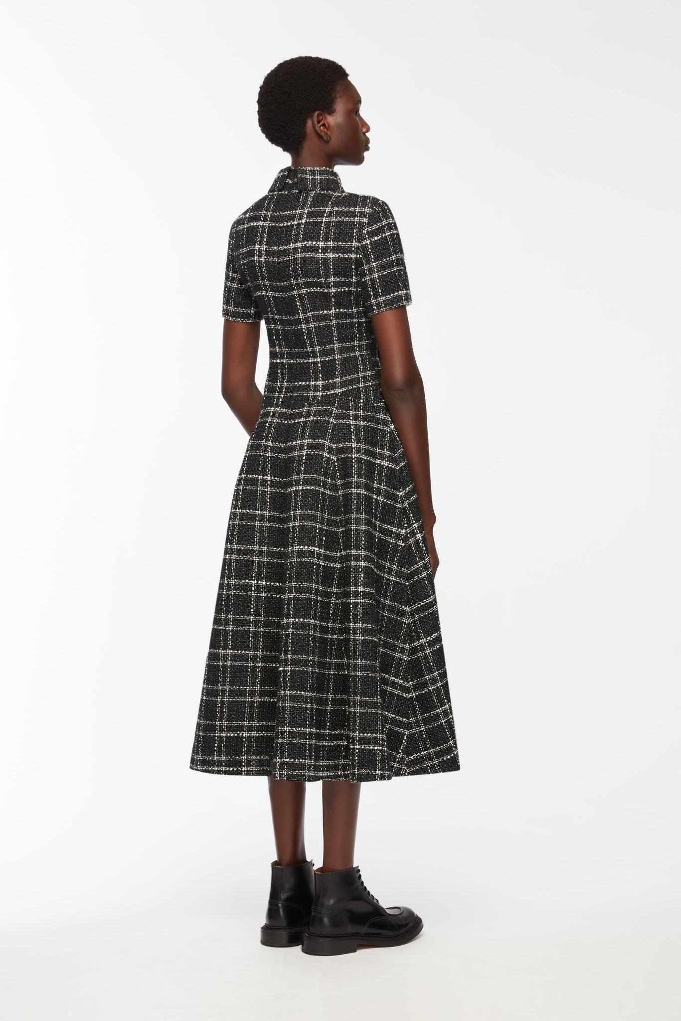 Jody Dress In White Check On Grey Check Boucle Model Back Shot | Emilia Wickstead