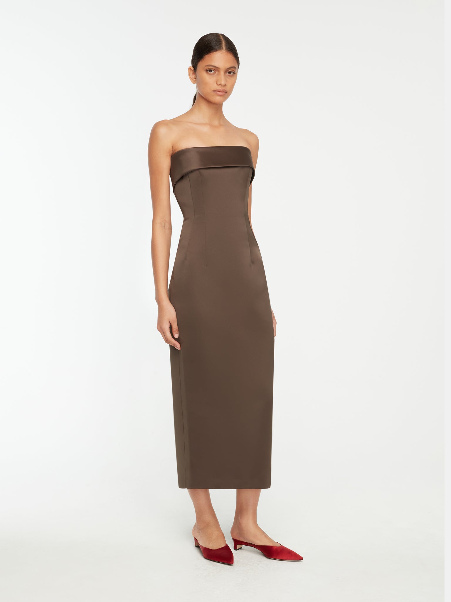 Keeley Dress In Brown Italian Duchess Satin