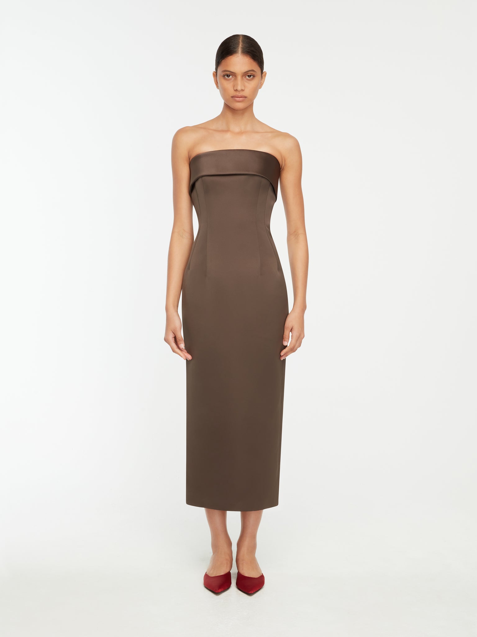 Keeley Dress In Brown Italian Duchess Satin