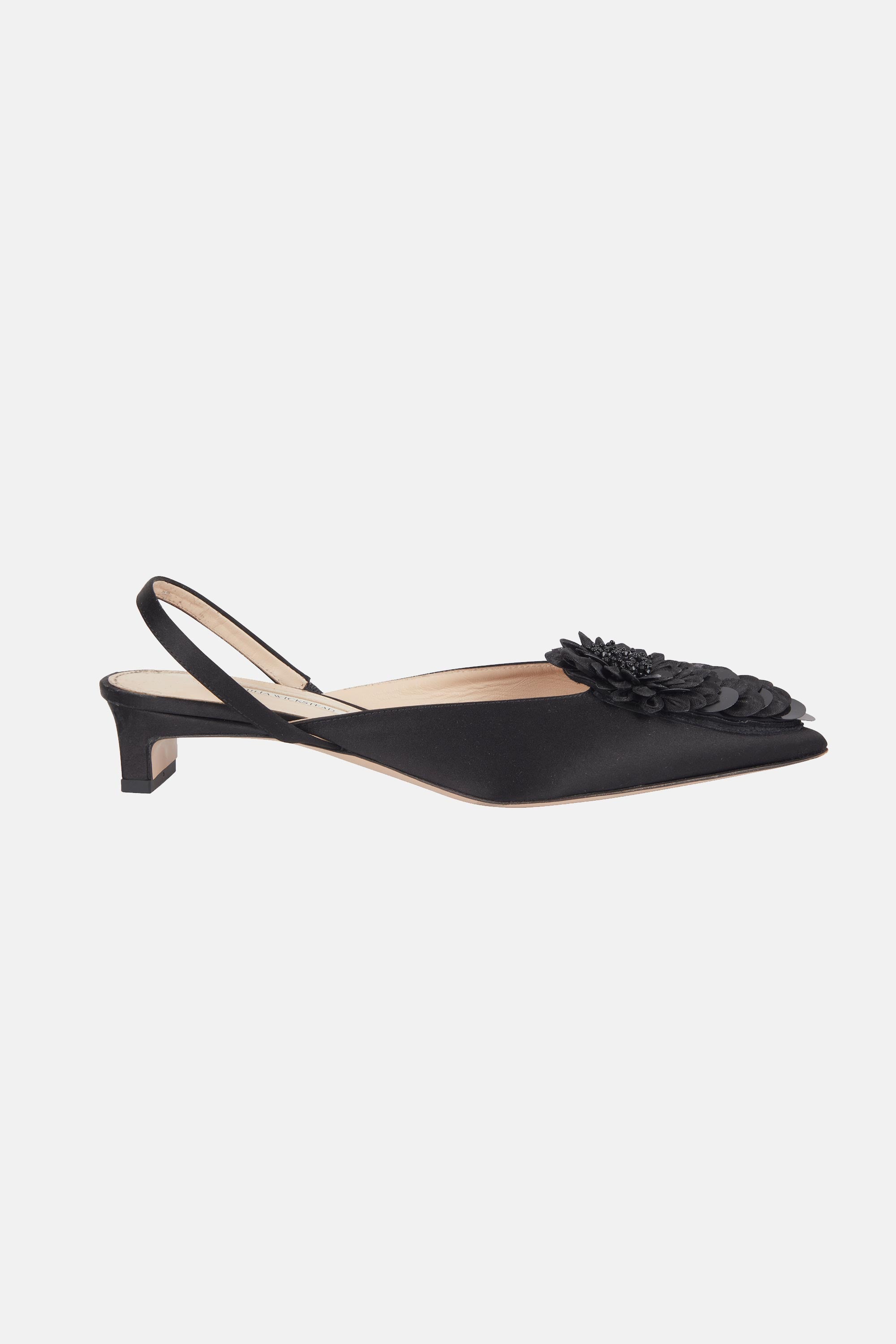 Kaori With Feather Embroidery Shoe In Black Satin