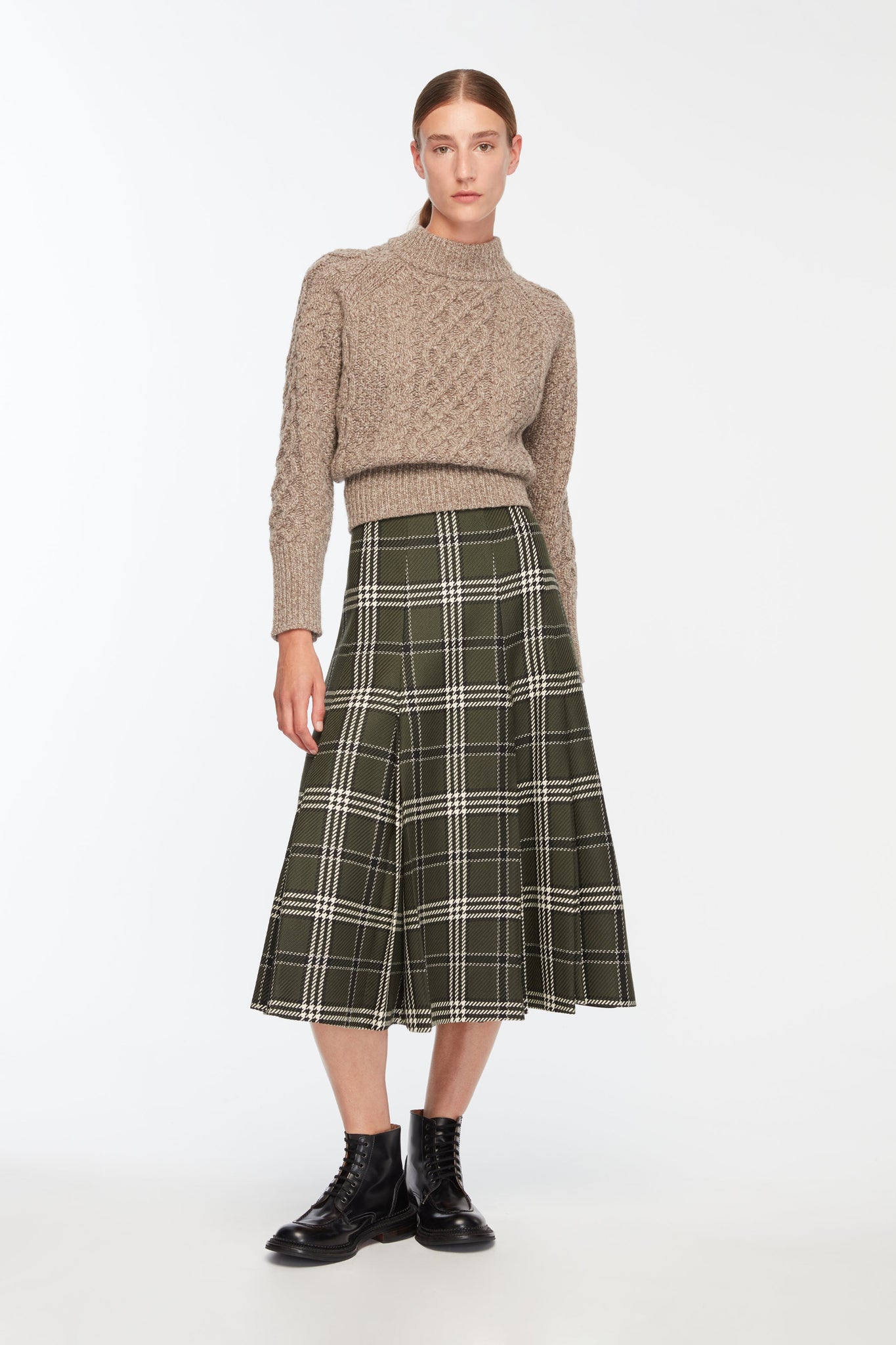 Kensie Skirt In Military Green Shetland Tartan Model Front Shot | Emilia Wickstead