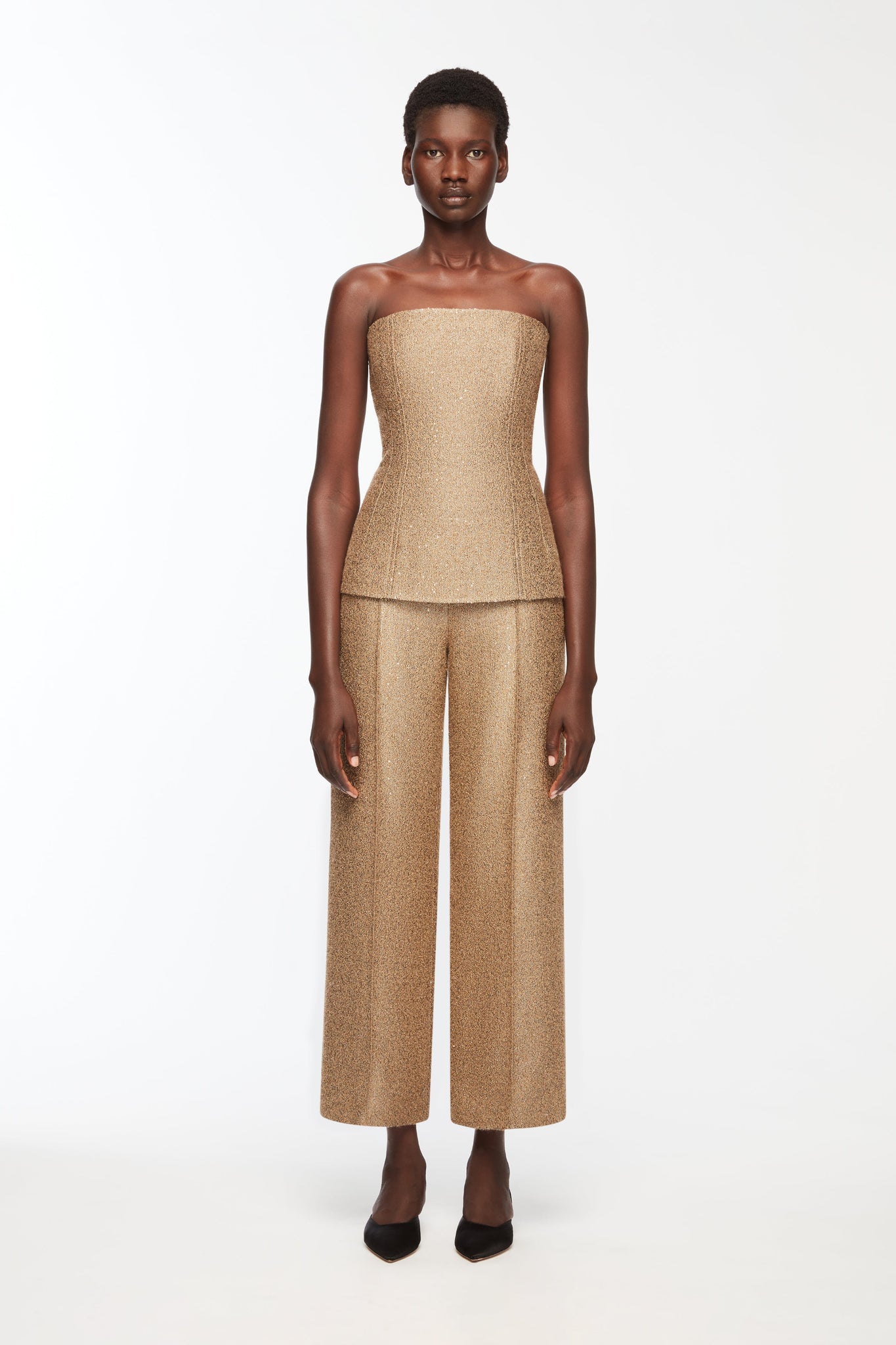 Kerina Top In Gold Sequin Tweed Model Front Shot | Emilia Wickstead