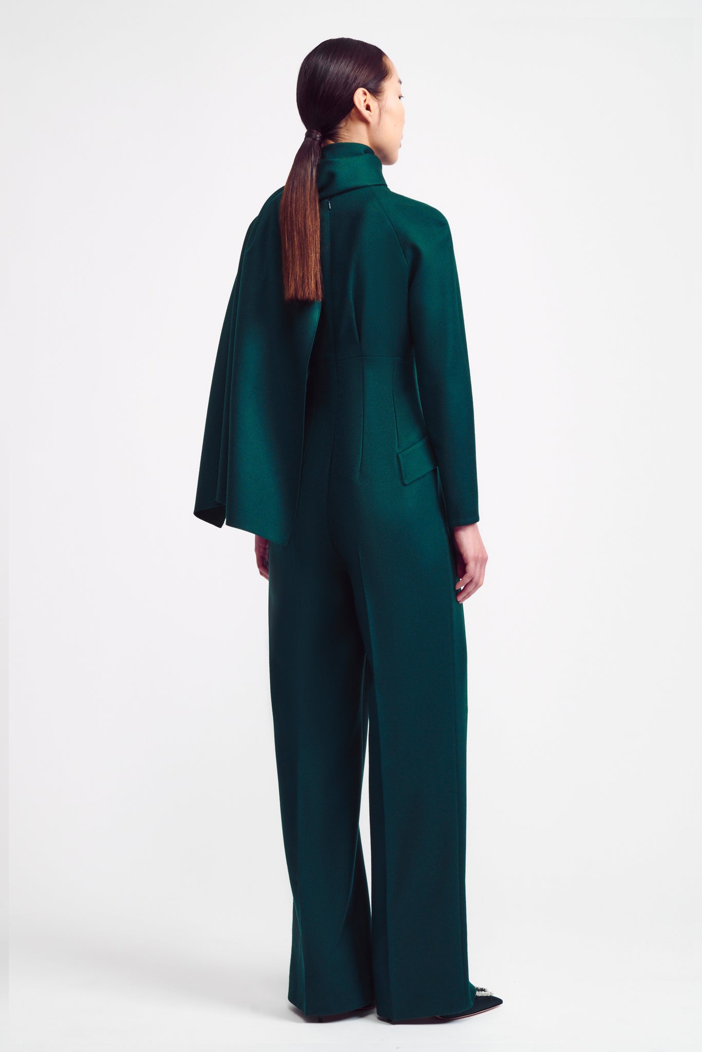 Ksora Cape Detail Jumpsuit in Emerald Green Flanella | Emilia Wickstead