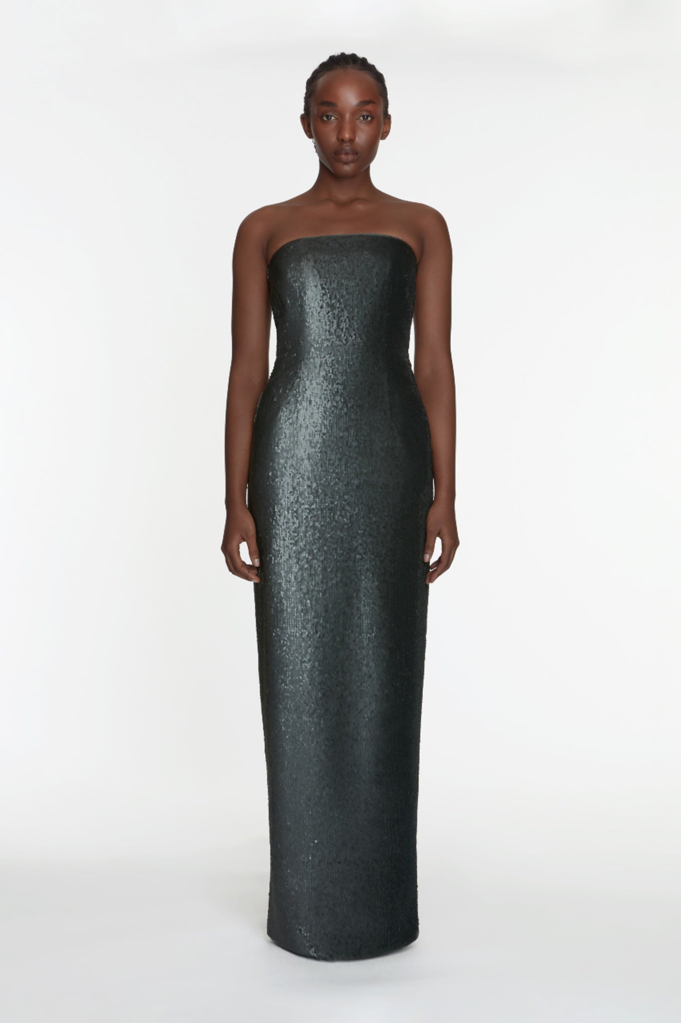 Laelia Dress In Dark Green Satin Sequin Model Front Shot | Emilia Wickstead