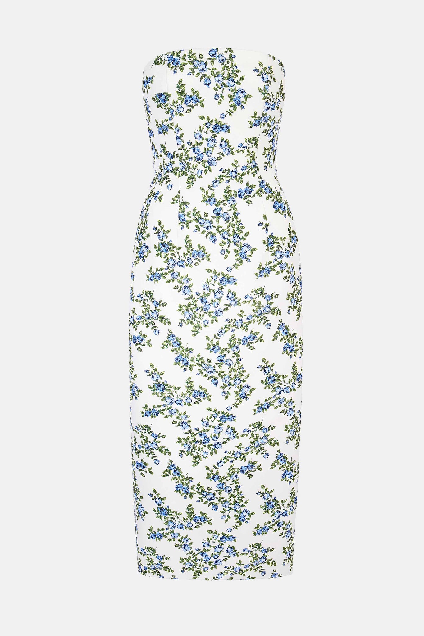 Leila Strapless Dress In Blue Roses on White Taffeta Faille - Emilia Wickstead