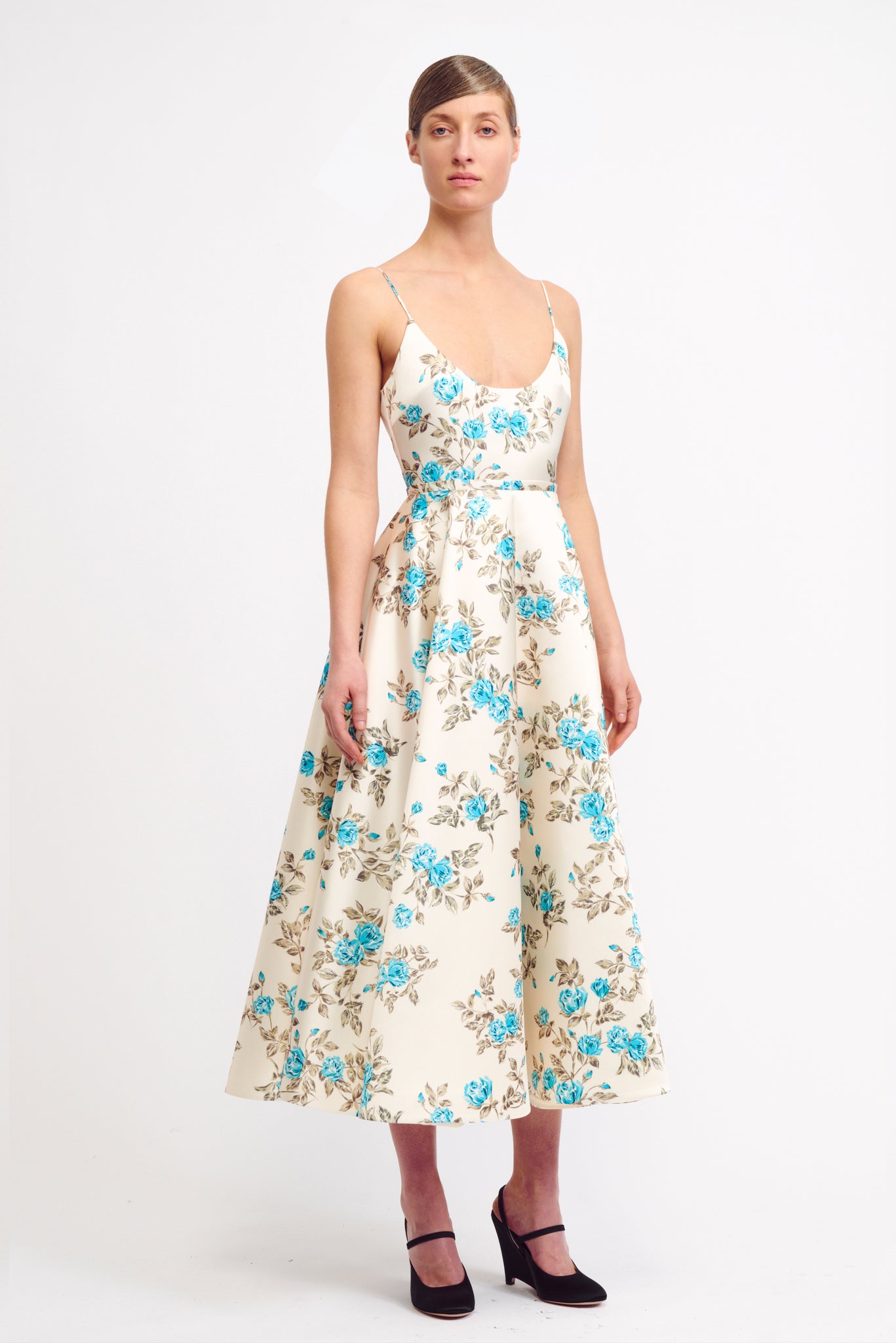 Lanai Dress in Turquoise Floral Printed Italian Duchess Satin | Emilia Wickstead